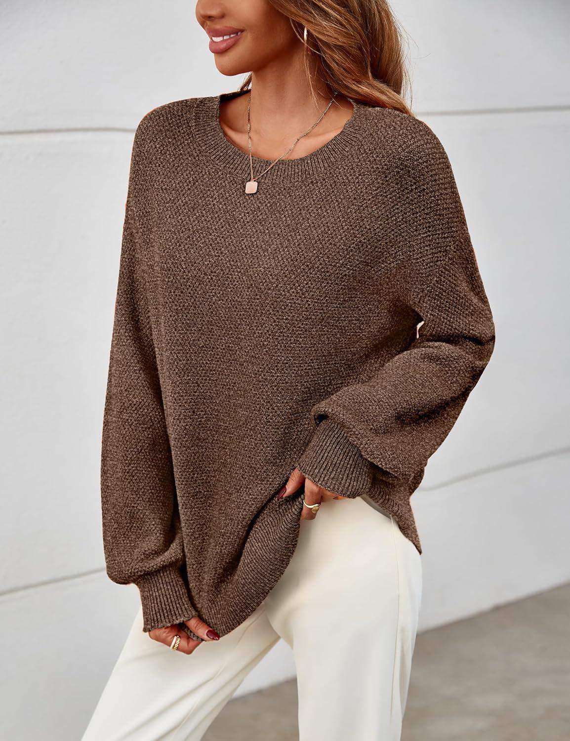 imageMEROKEETY Sweaters for Women Fall Winter 2026 Oversized Pullover Spring Crew Neck Long Sleeve Heathered Knit TopsCoffee
