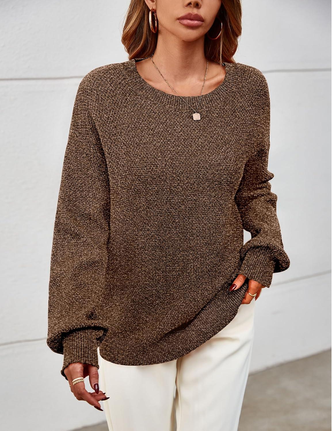 imageMEROKEETY Sweaters for Women Fall Winter 2026 Oversized Pullover Spring Crew Neck Long Sleeve Heathered Knit TopsCoffee