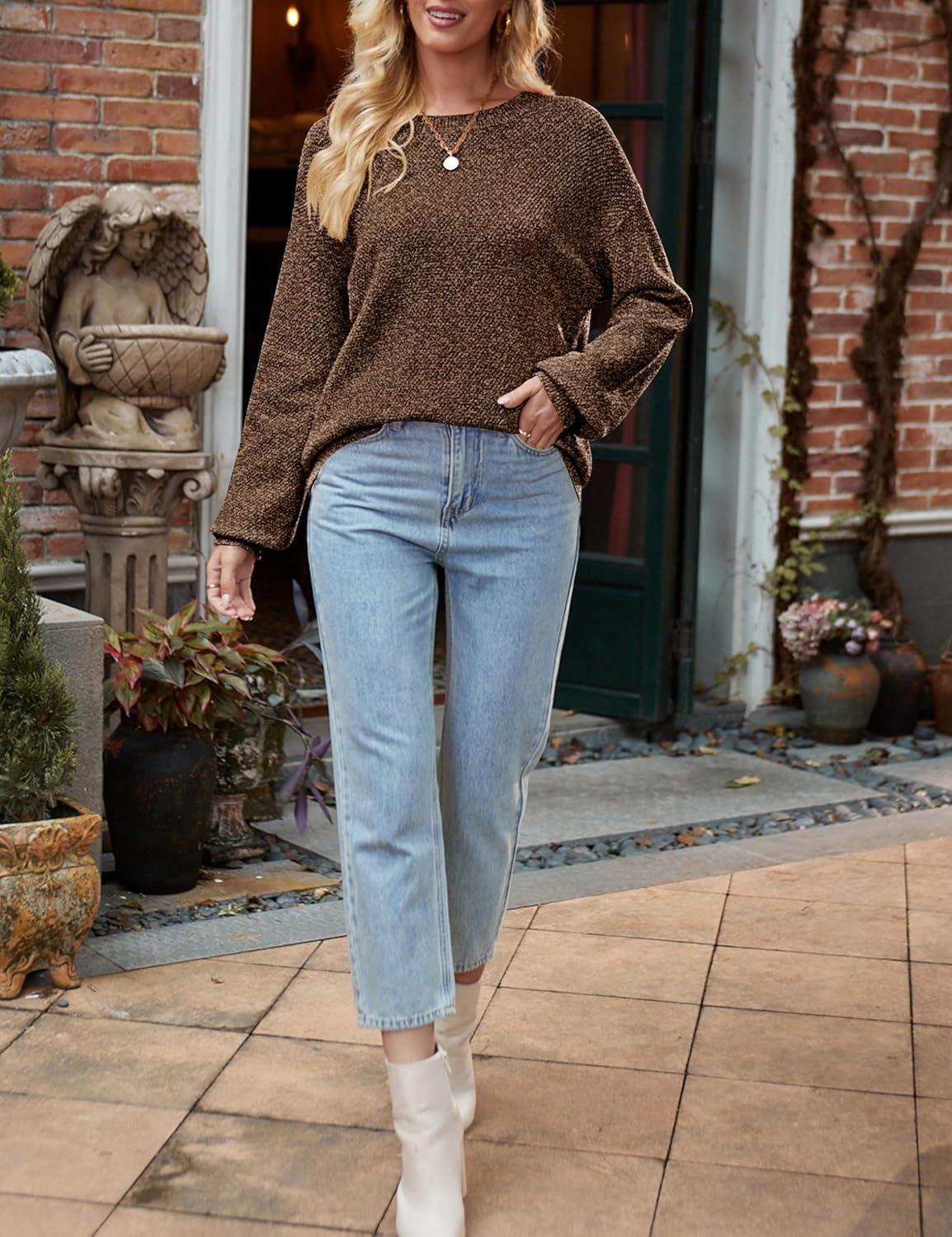 imageMEROKEETY Sweaters for Women Fall Winter 2026 Oversized Pullover Spring Crew Neck Long Sleeve Heathered Knit TopsCoffee