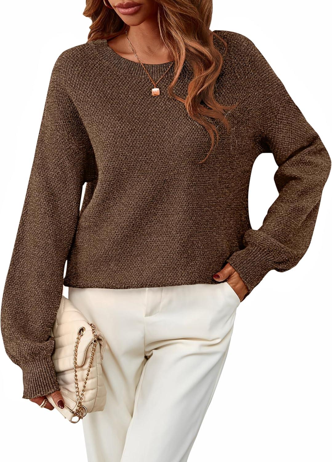imageMEROKEETY Sweaters for Women Fall Winter 2026 Oversized Pullover Spring Crew Neck Long Sleeve Heathered Knit TopsCoffee