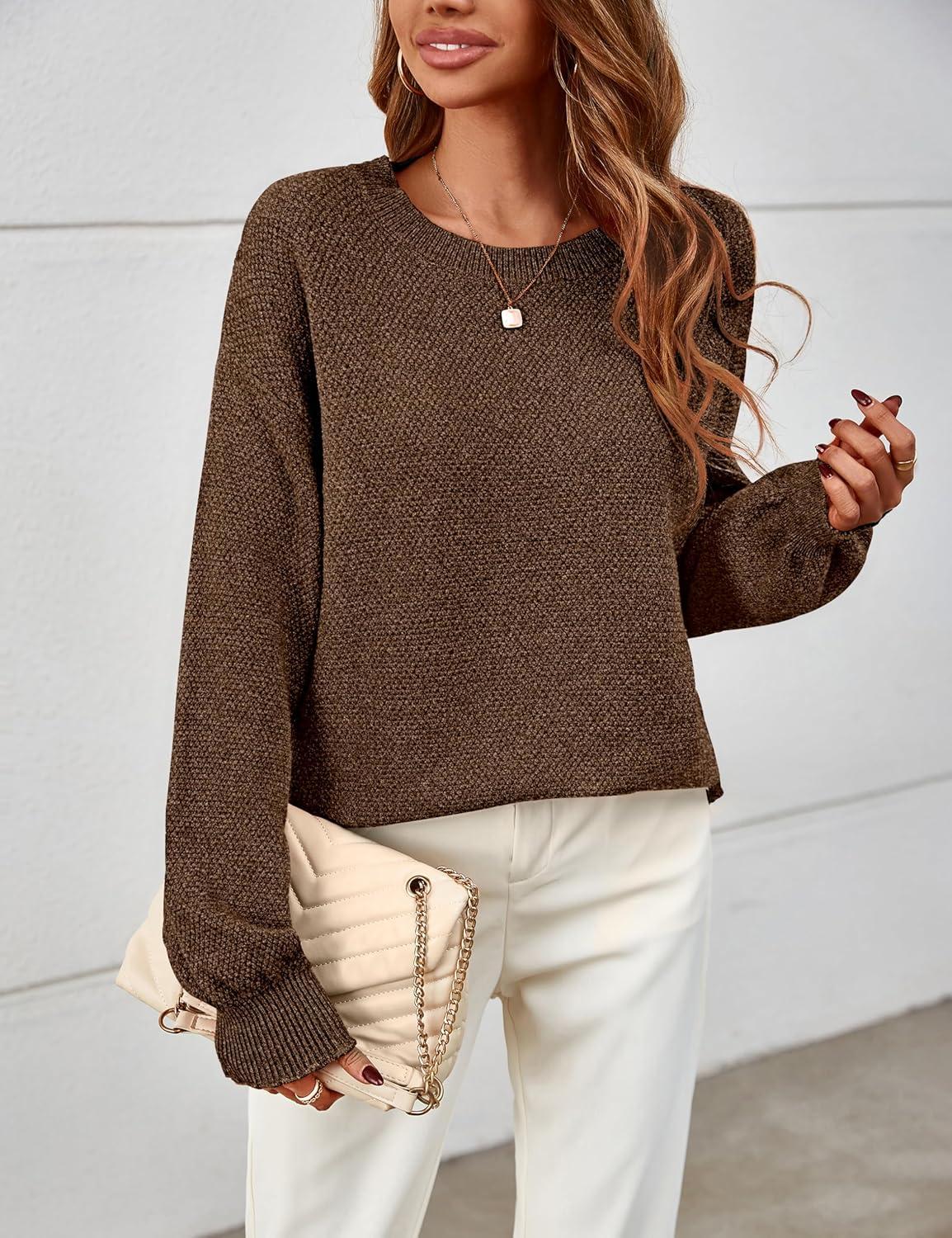 imageMEROKEETY Sweaters for Women Fall Winter 2026 Oversized Pullover Spring Crew Neck Long Sleeve Heathered Knit TopsCoffee