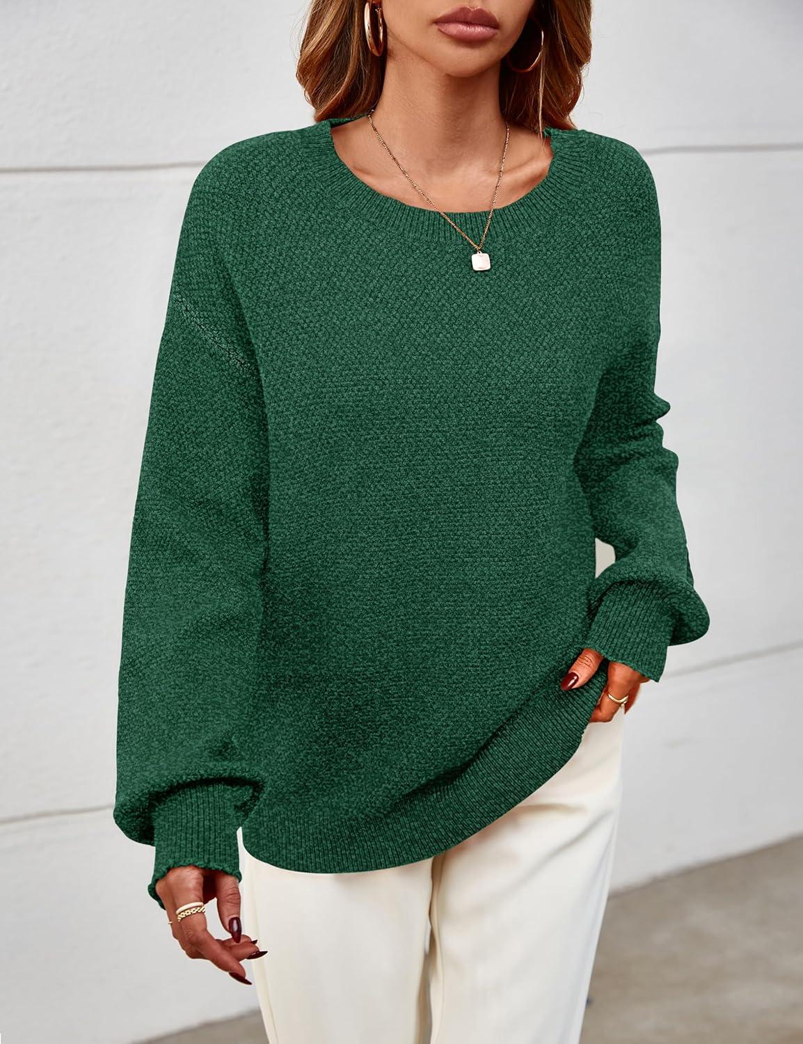 imageMEROKEETY Sweaters for Women Fall Winter 2026 Oversized Pullover Spring Crew Neck Long Sleeve Heathered Knit TopsDark Green