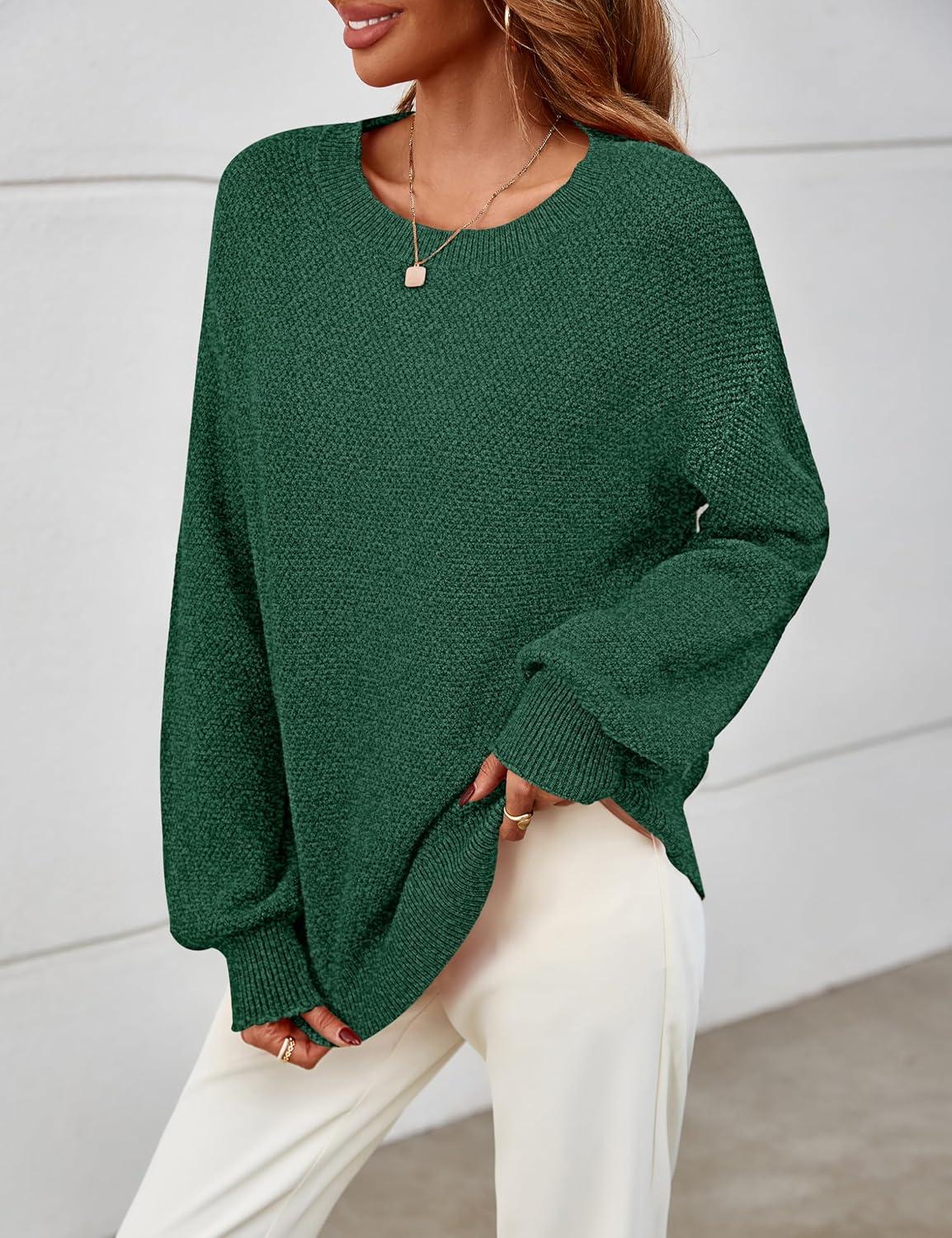 imageMEROKEETY Sweaters for Women Fall Winter 2026 Oversized Pullover Spring Crew Neck Long Sleeve Heathered Knit TopsDark Green