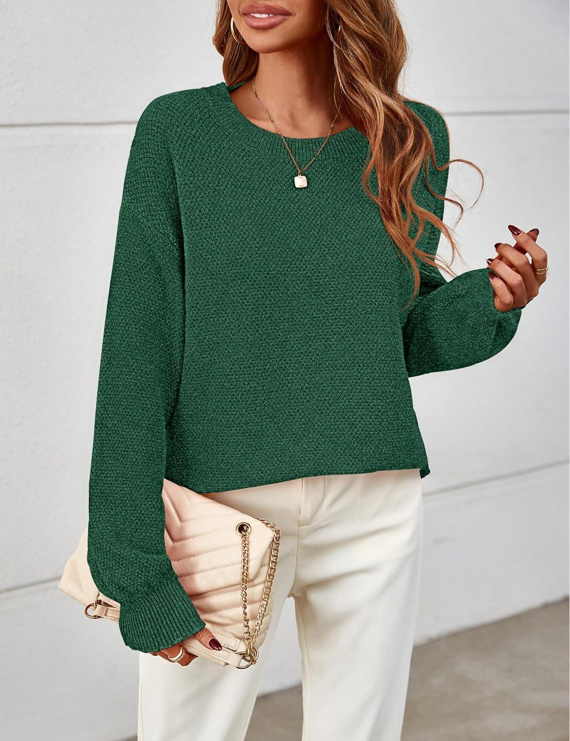 imageMEROKEETY Sweaters for Women Fall Winter 2026 Oversized Pullover Spring Crew Neck Long Sleeve Heathered Knit TopsDark Green
