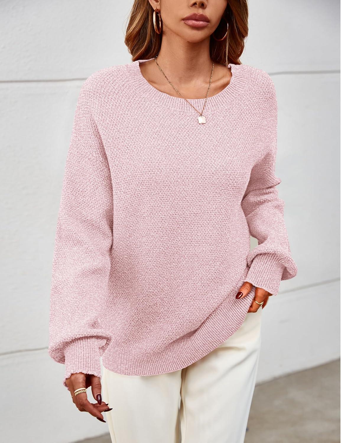 imageMEROKEETY Sweaters for Women Fall Winter 2026 Oversized Pullover Spring Crew Neck Long Sleeve Heathered Knit TopsDusty Pink
