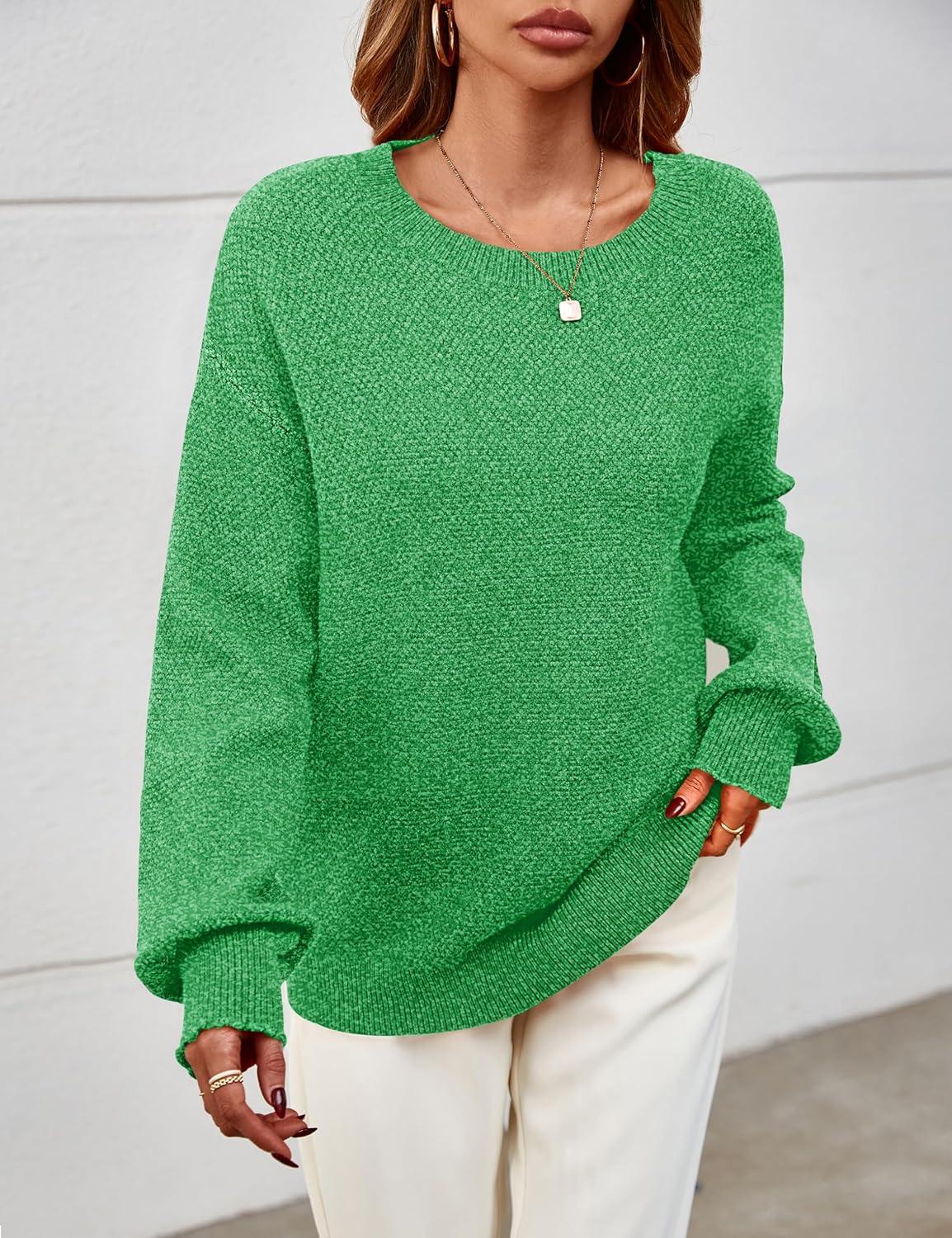 imageMEROKEETY Sweaters for Women Fall Winter 2026 Oversized Pullover Spring Crew Neck Long Sleeve Heathered Knit TopsGreen