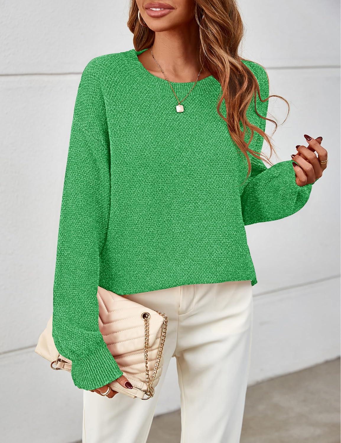 imageMEROKEETY Sweaters for Women Fall Winter 2026 Oversized Pullover Spring Crew Neck Long Sleeve Heathered Knit TopsGreen