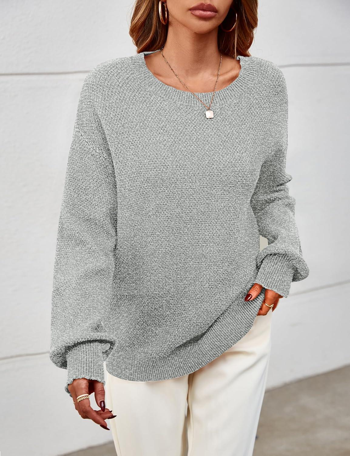 imageMEROKEETY Sweaters for Women Fall Winter 2026 Oversized Pullover Spring Crew Neck Long Sleeve Heathered Knit TopsGrey