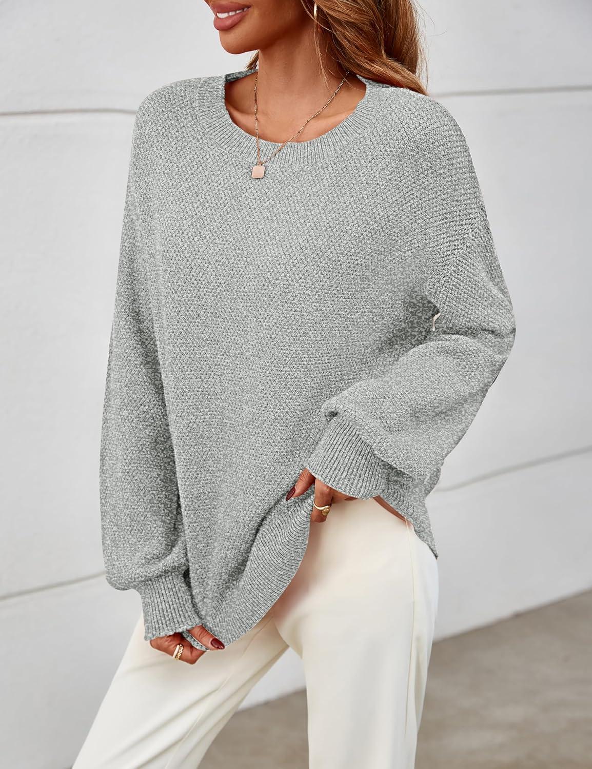 imageMEROKEETY Sweaters for Women Fall Winter 2026 Oversized Pullover Spring Crew Neck Long Sleeve Heathered Knit TopsGrey