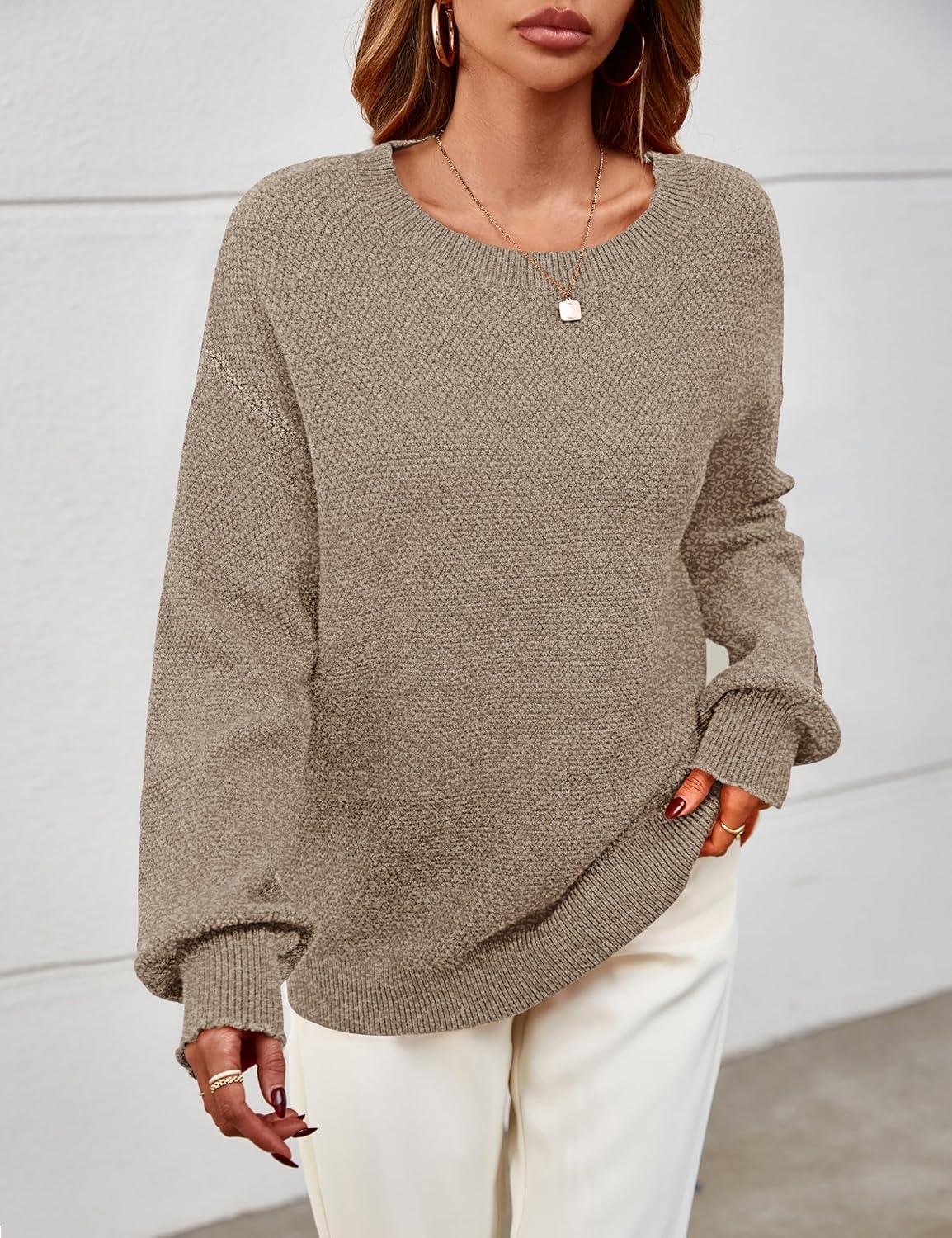 imageMEROKEETY Sweaters for Women Fall Winter 2026 Oversized Pullover Spring Crew Neck Long Sleeve Heathered Knit TopsMocha