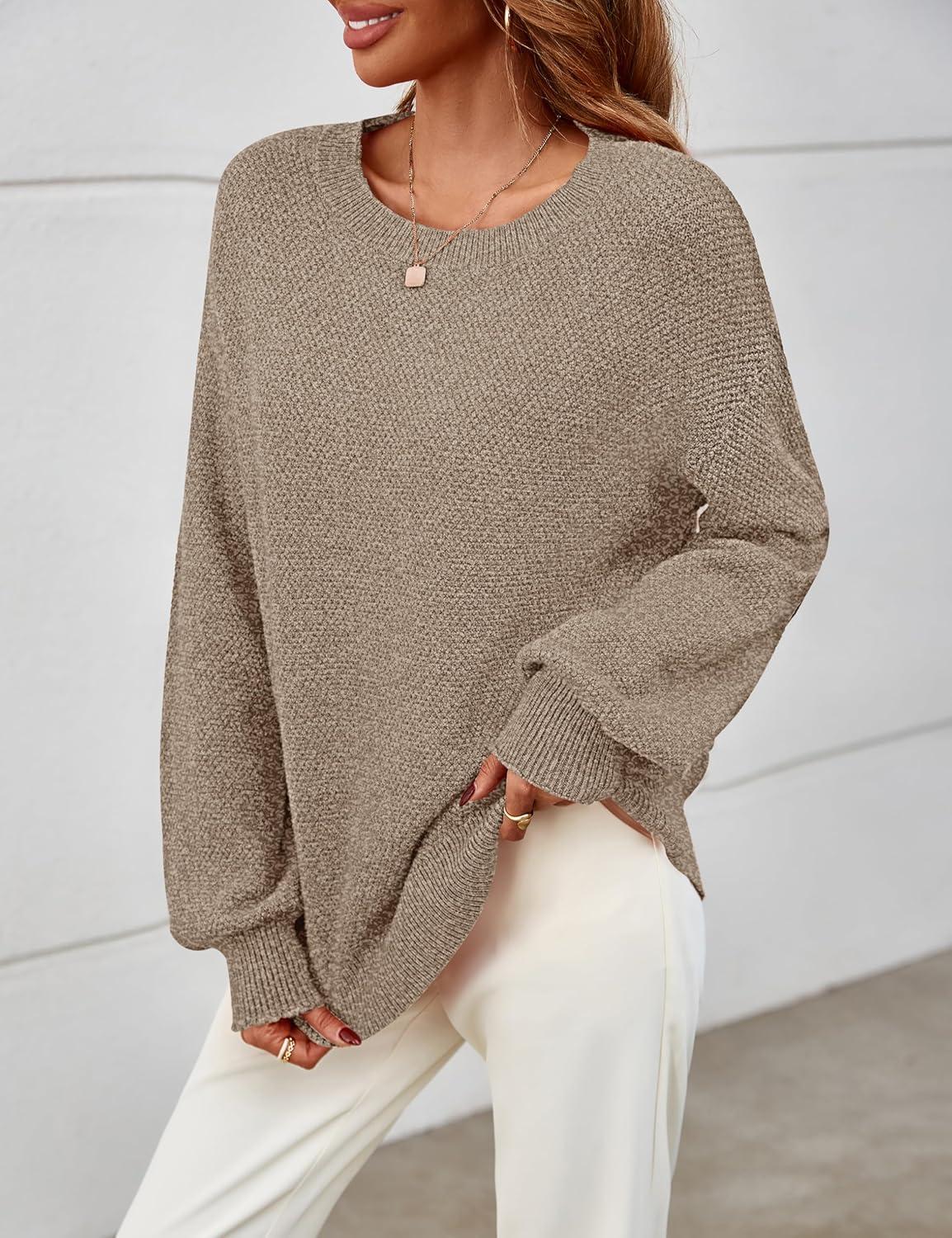 imageMEROKEETY Sweaters for Women Fall Winter 2026 Oversized Pullover Spring Crew Neck Long Sleeve Heathered Knit TopsMocha