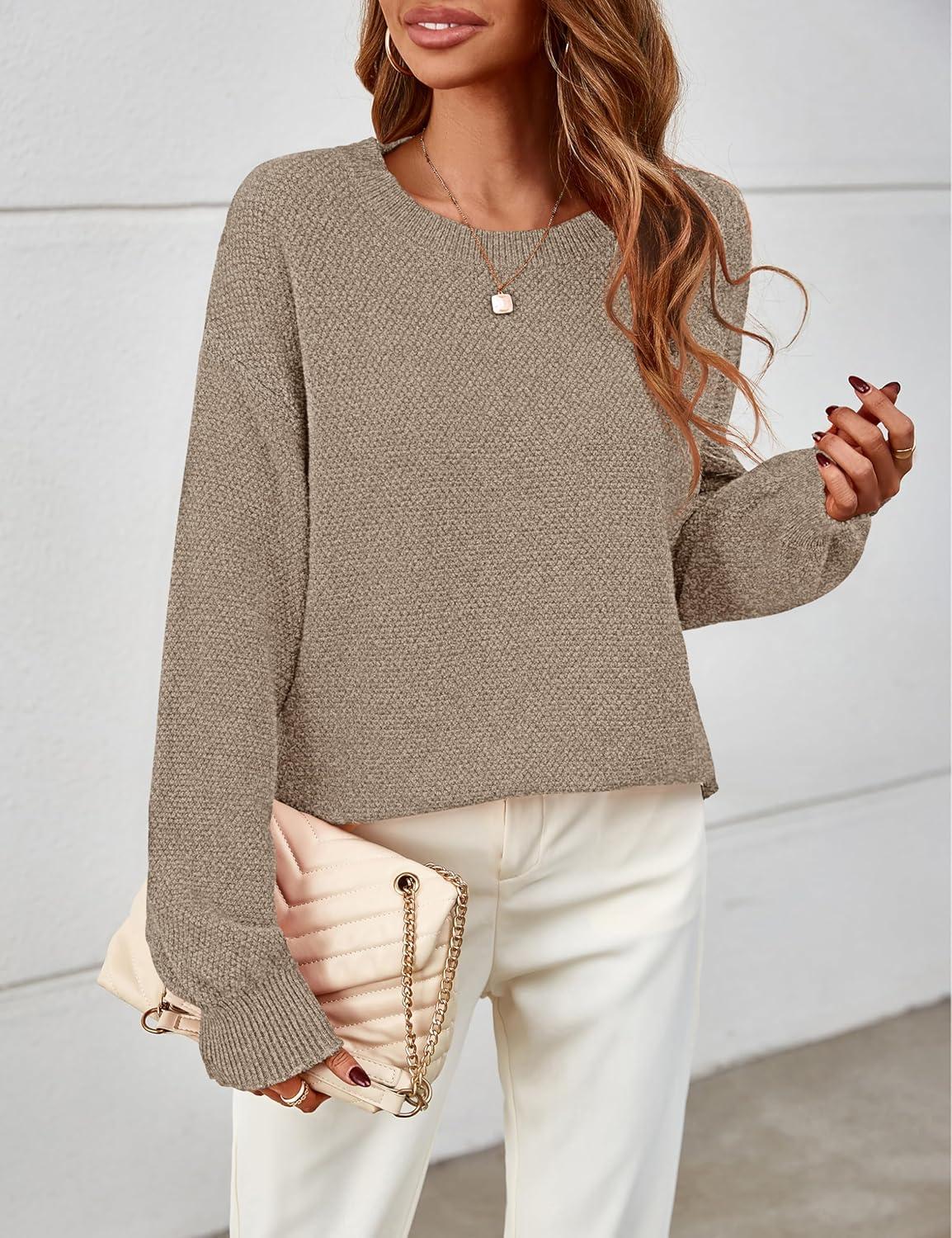 imageMEROKEETY Sweaters for Women Fall Winter 2026 Oversized Pullover Spring Crew Neck Long Sleeve Heathered Knit TopsMocha