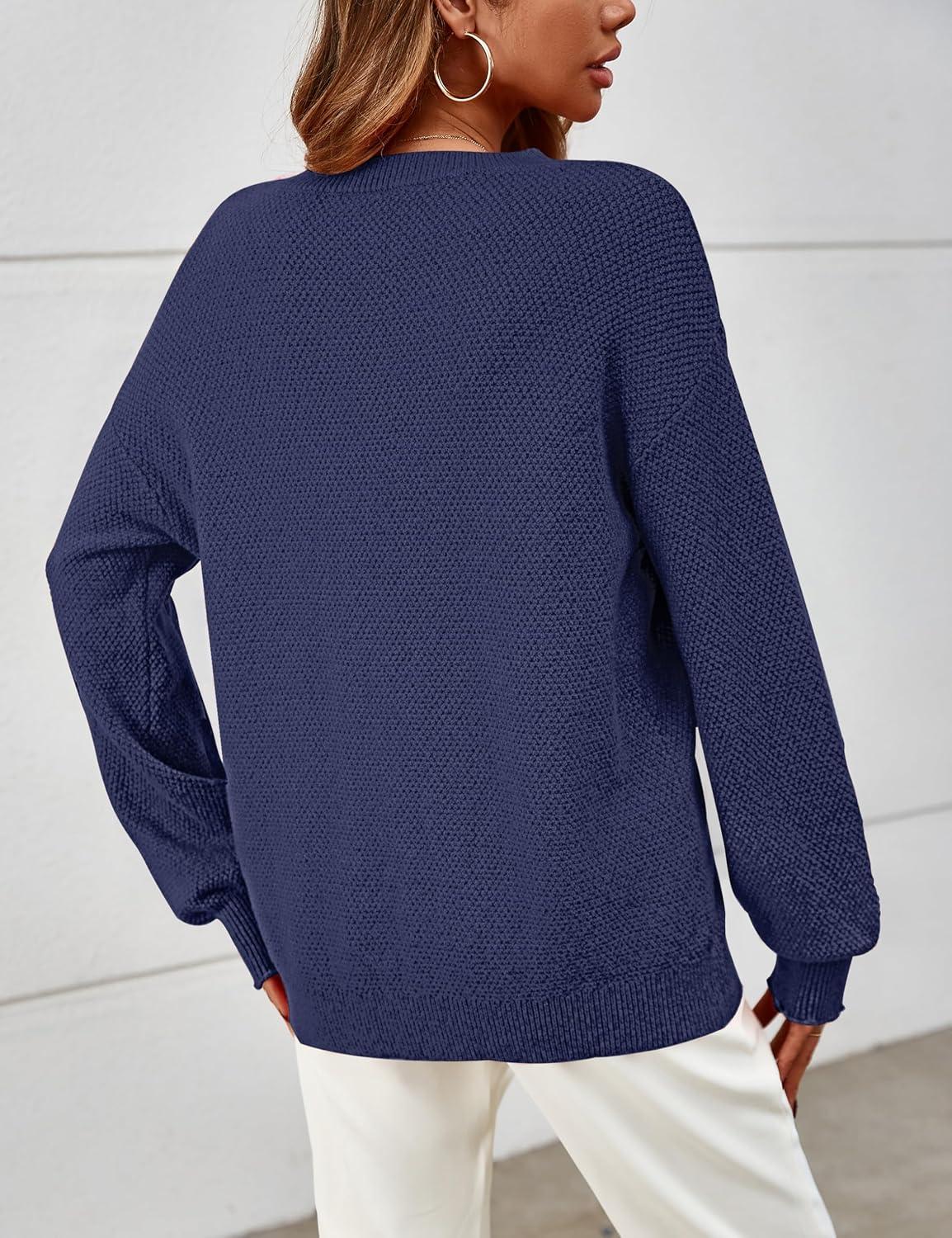 imageMEROKEETY Sweaters for Women Fall Winter 2026 Oversized Pullover Spring Crew Neck Long Sleeve Heathered Knit TopsNavy
