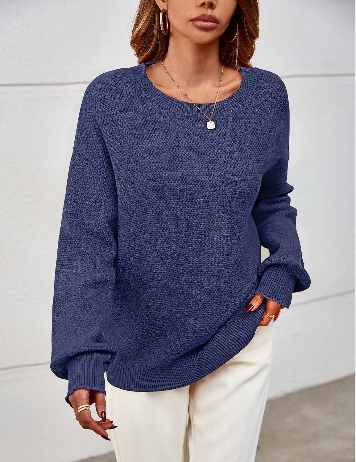 imageMEROKEETY Sweaters for Women Fall Winter 2026 Oversized Pullover Spring Crew Neck Long Sleeve Heathered Knit TopsNavy