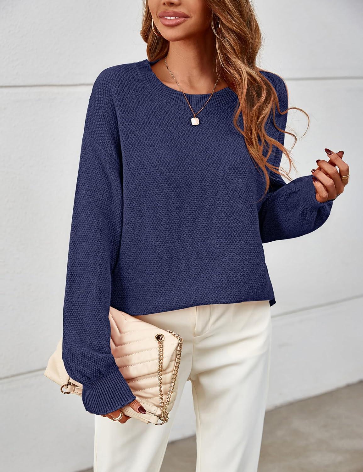 imageMEROKEETY Sweaters for Women Fall Winter 2026 Oversized Pullover Spring Crew Neck Long Sleeve Heathered Knit TopsNavy
