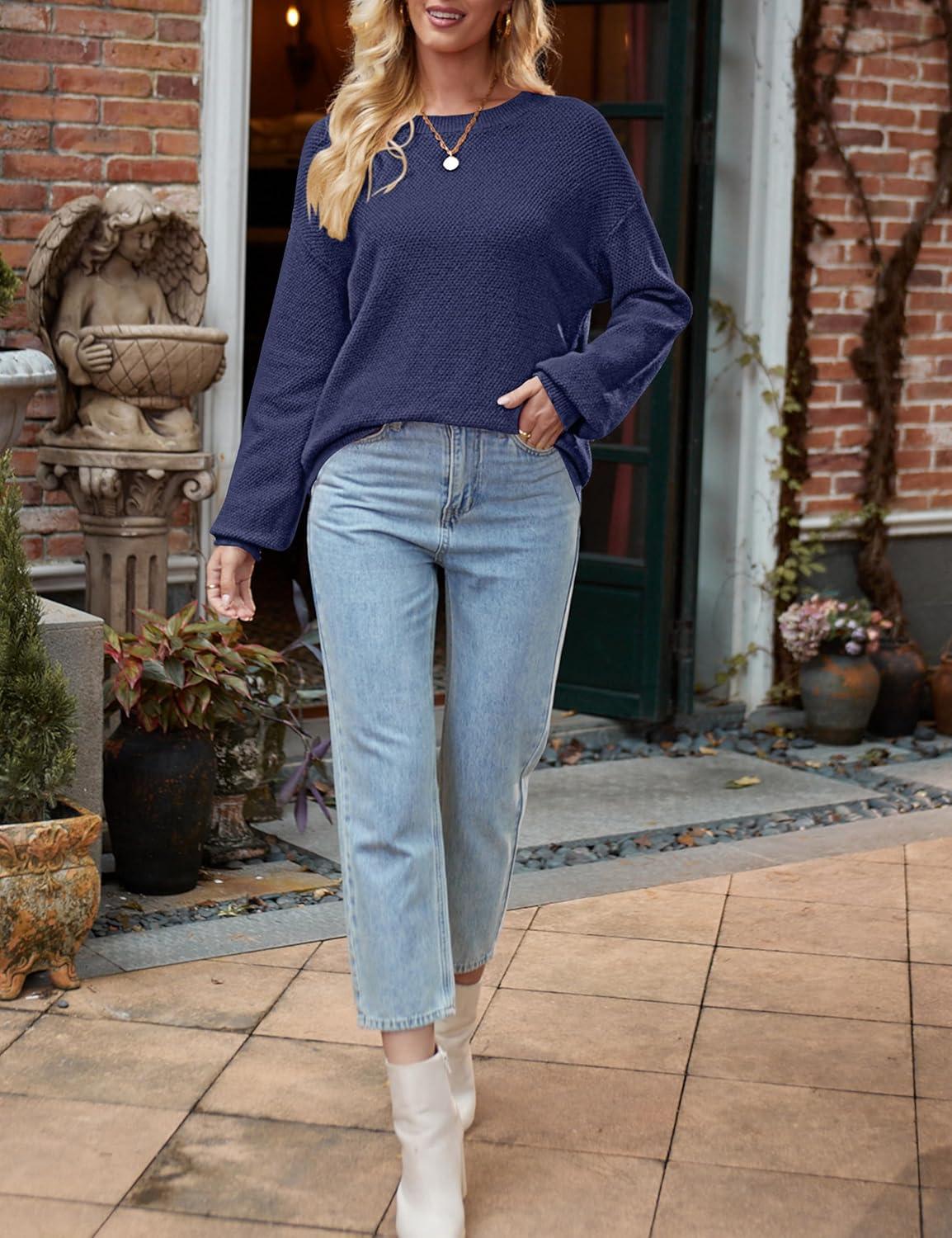 imageMEROKEETY Sweaters for Women Fall Winter 2026 Oversized Pullover Spring Crew Neck Long Sleeve Heathered Knit TopsNavy