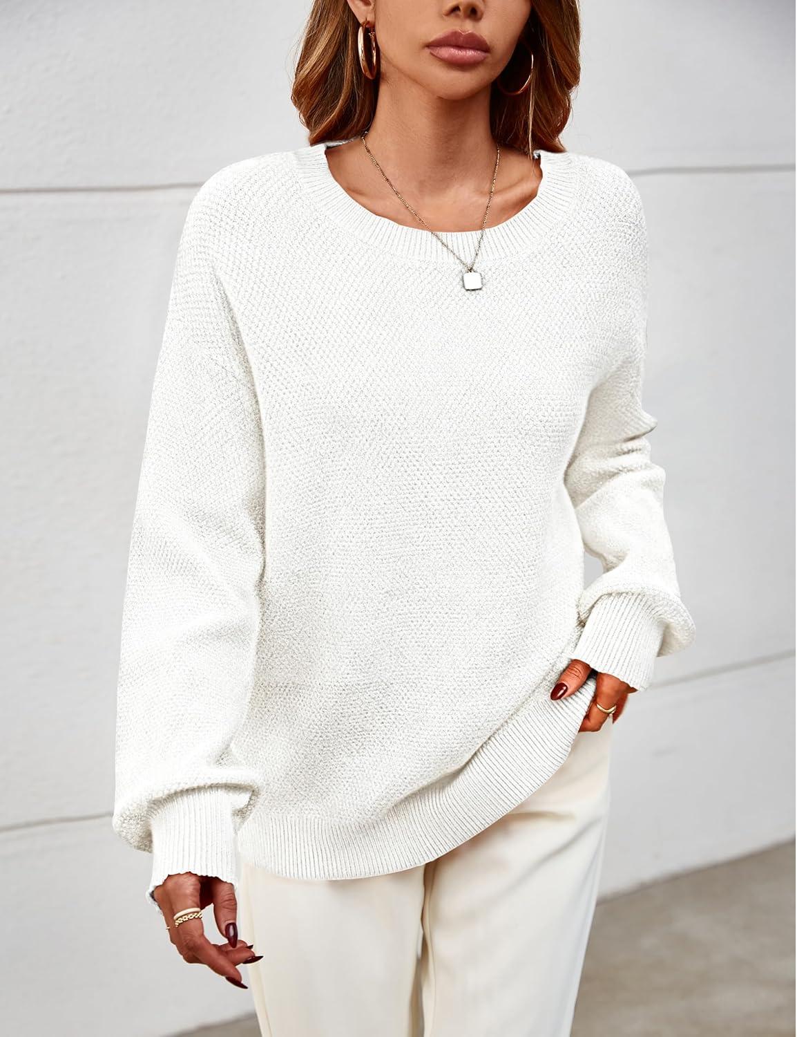 imageMEROKEETY Sweaters for Women Fall Winter 2026 Oversized Pullover Spring Crew Neck Long Sleeve Heathered Knit TopsOffwhite