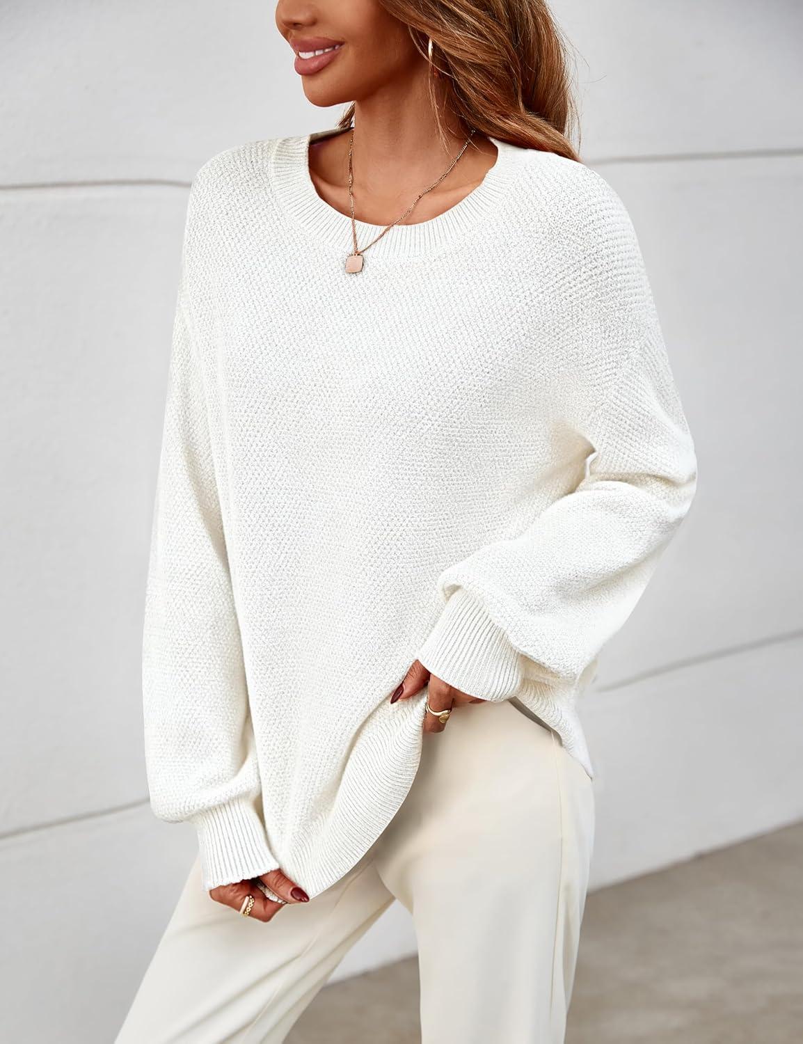 imageMEROKEETY Sweaters for Women Fall Winter 2026 Oversized Pullover Spring Crew Neck Long Sleeve Heathered Knit TopsOffwhite