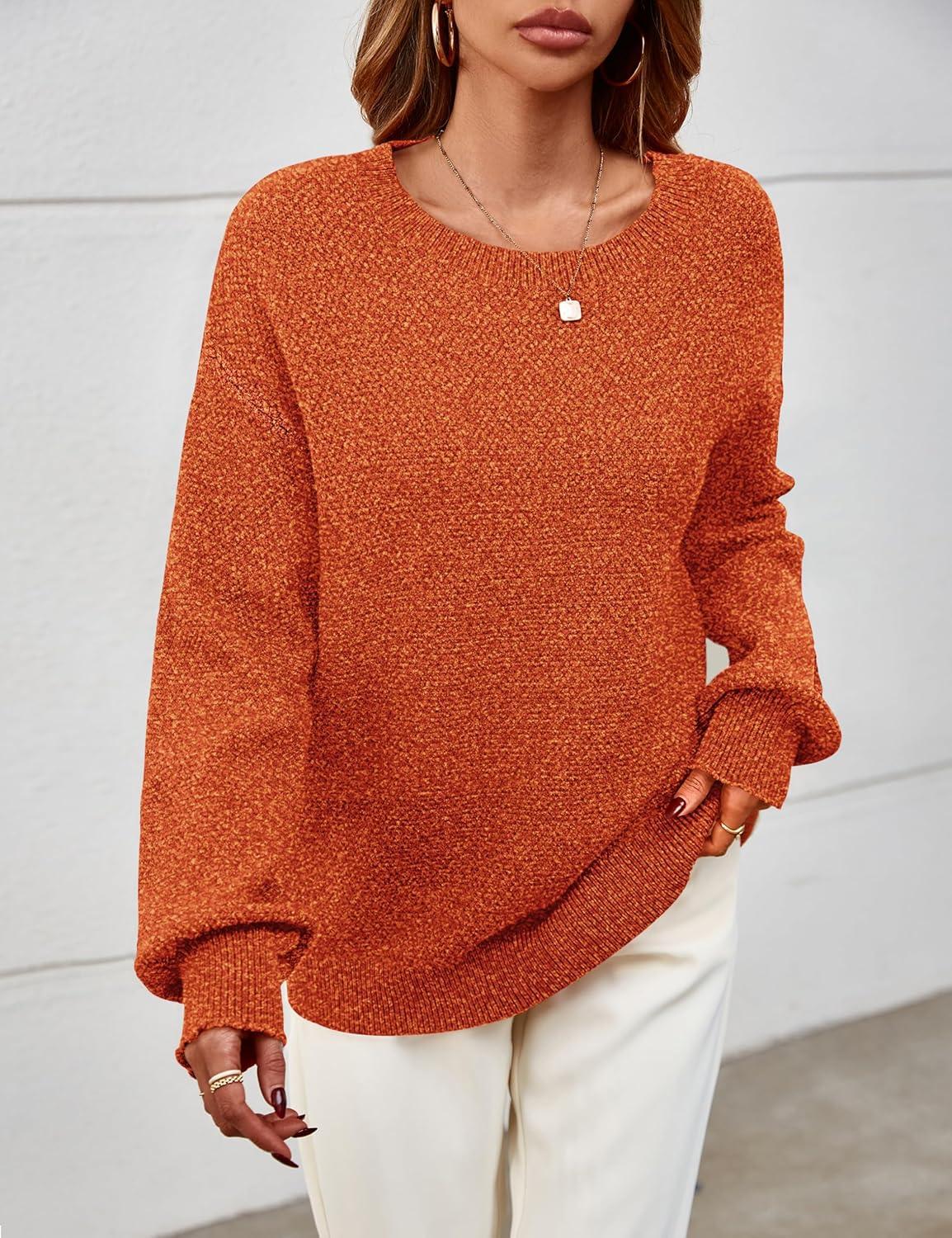 imageMEROKEETY Sweaters for Women Fall Winter 2026 Oversized Pullover Spring Crew Neck Long Sleeve Heathered Knit TopsOrangered