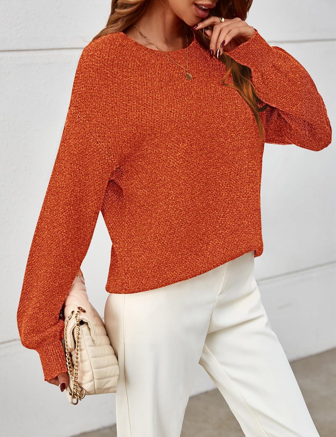 imageMEROKEETY Sweaters for Women Fall Winter 2026 Oversized Pullover Spring Crew Neck Long Sleeve Heathered Knit TopsOrangered