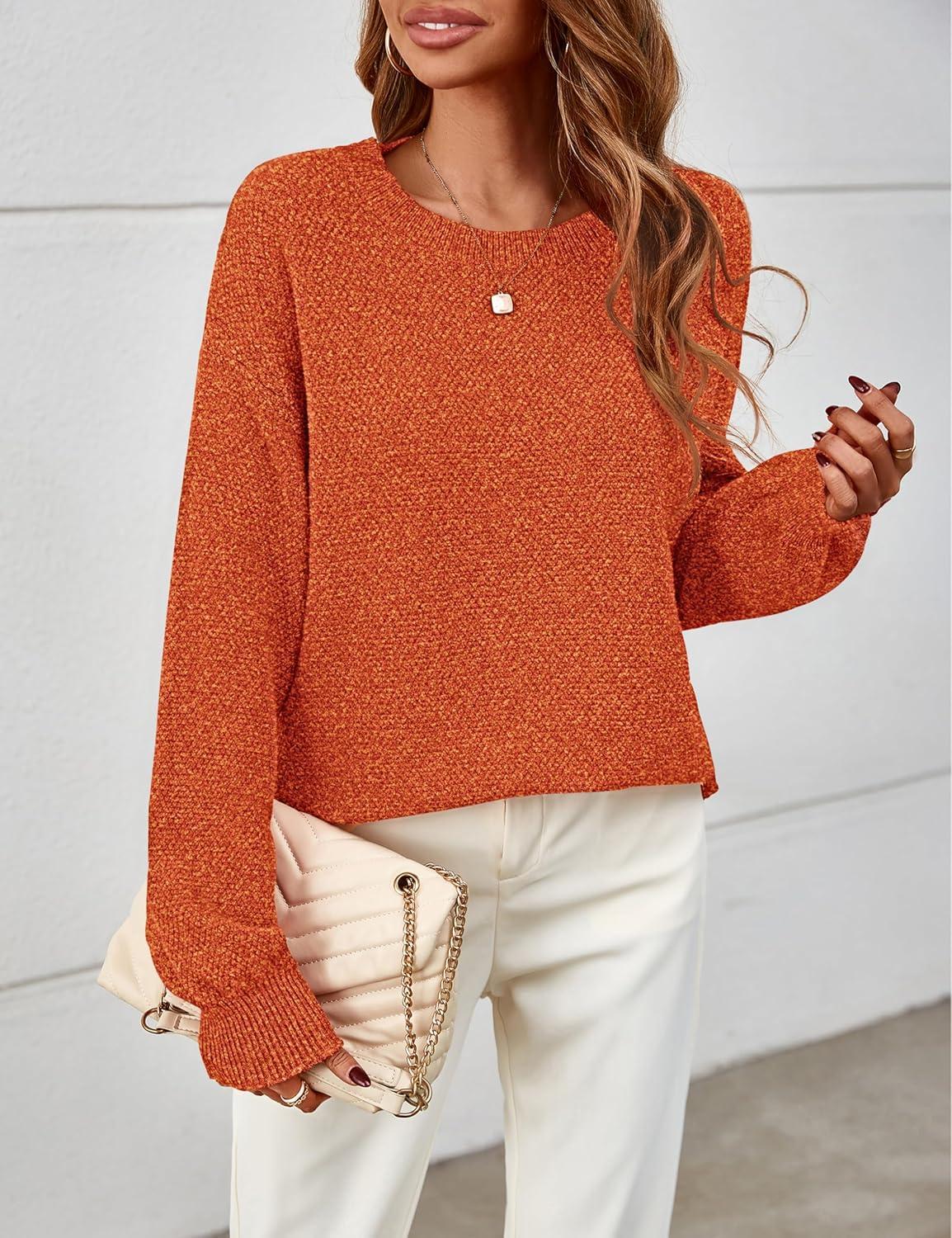 imageMEROKEETY Sweaters for Women Fall Winter 2026 Oversized Pullover Spring Crew Neck Long Sleeve Heathered Knit TopsOrangered