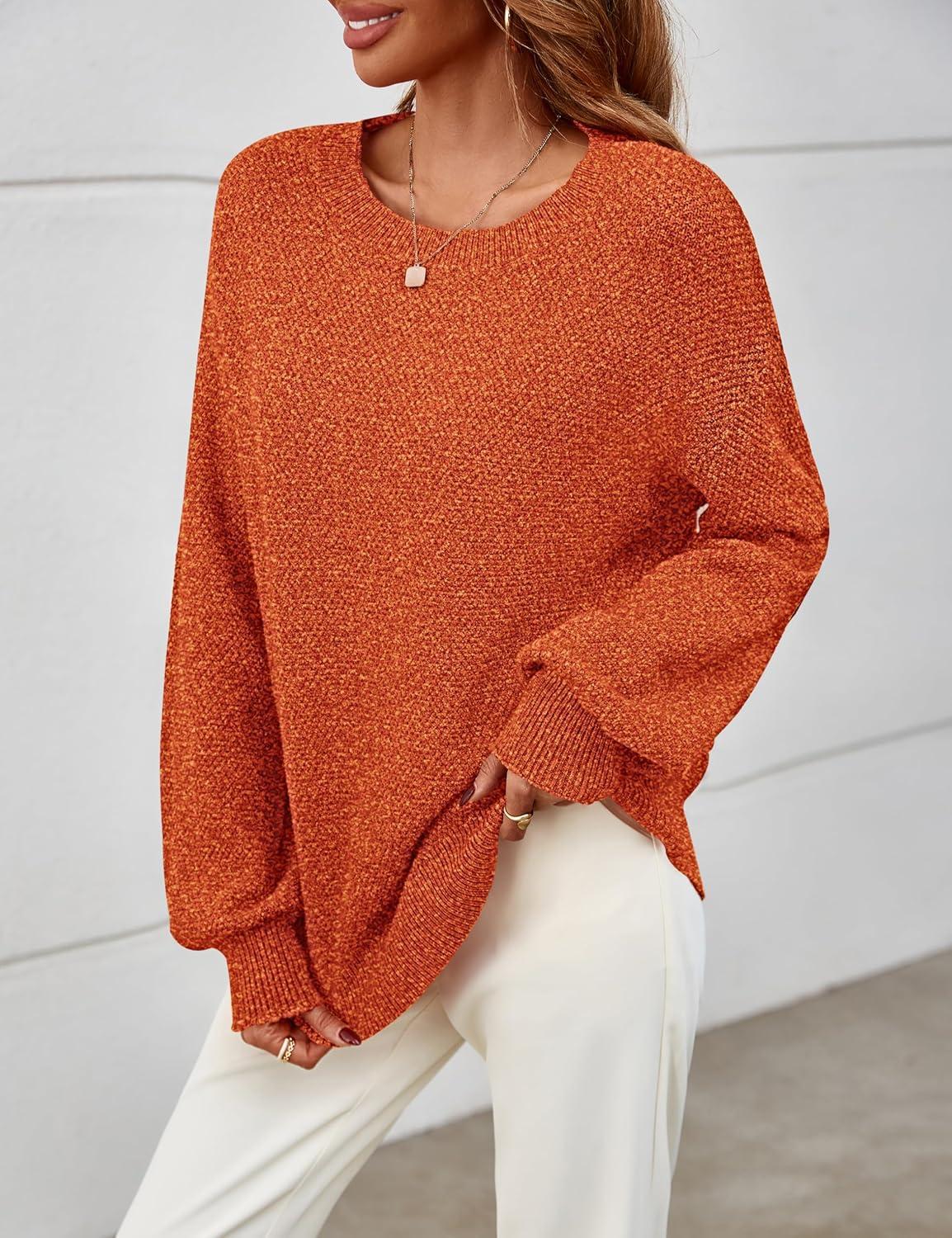 imageMEROKEETY Sweaters for Women Fall Winter 2026 Oversized Pullover Spring Crew Neck Long Sleeve Heathered Knit TopsOrangered
