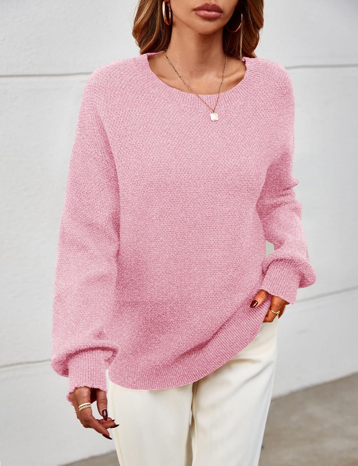 imageMEROKEETY Sweaters for Women Fall Winter 2026 Oversized Pullover Spring Crew Neck Long Sleeve Heathered Knit TopsPink