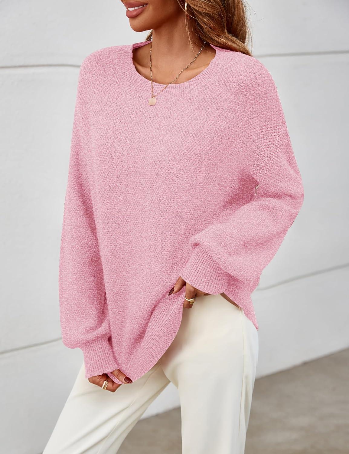 imageMEROKEETY Sweaters for Women Fall Winter 2026 Oversized Pullover Spring Crew Neck Long Sleeve Heathered Knit TopsPink
