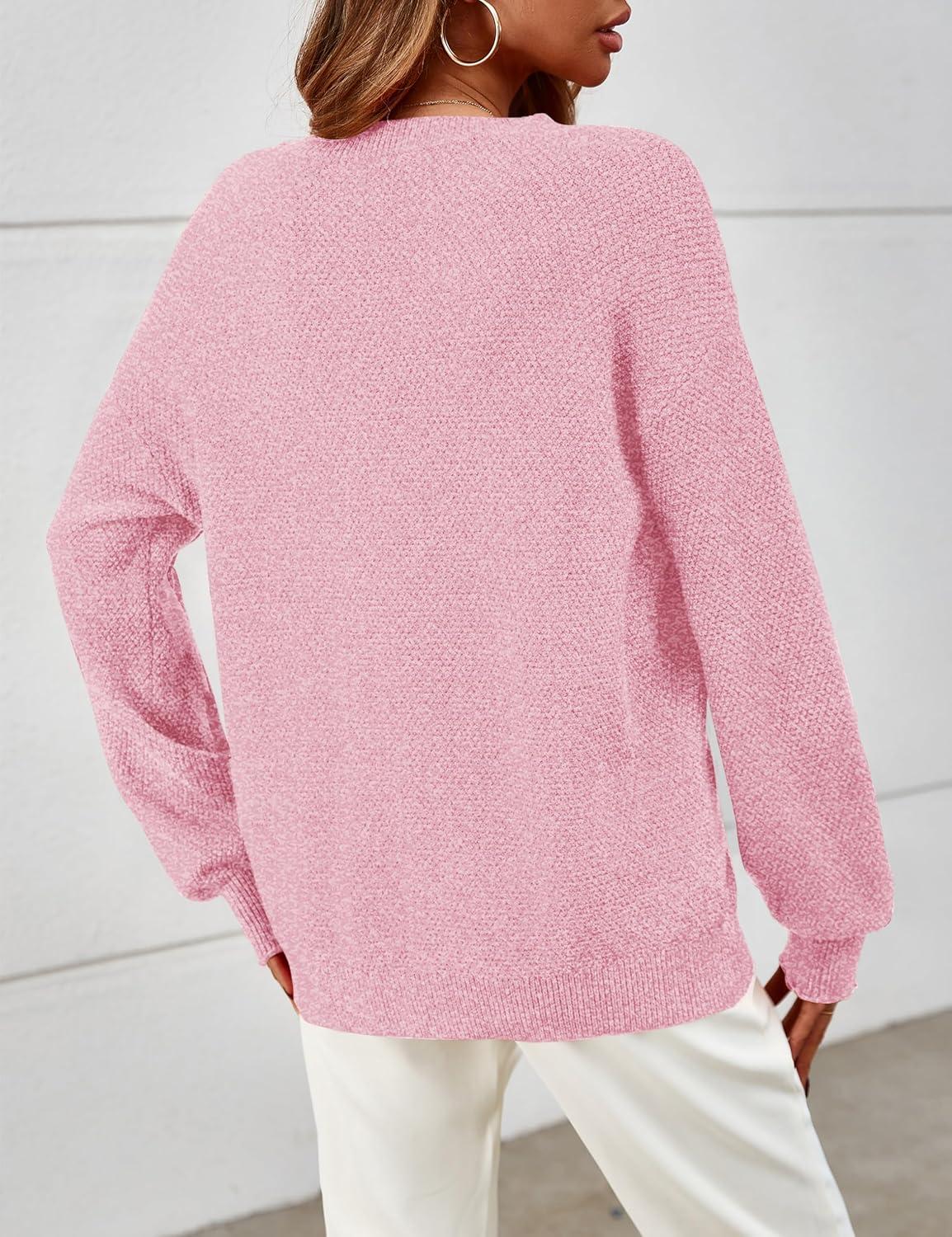 imageMEROKEETY Sweaters for Women Fall Winter 2026 Oversized Pullover Spring Crew Neck Long Sleeve Heathered Knit TopsPink