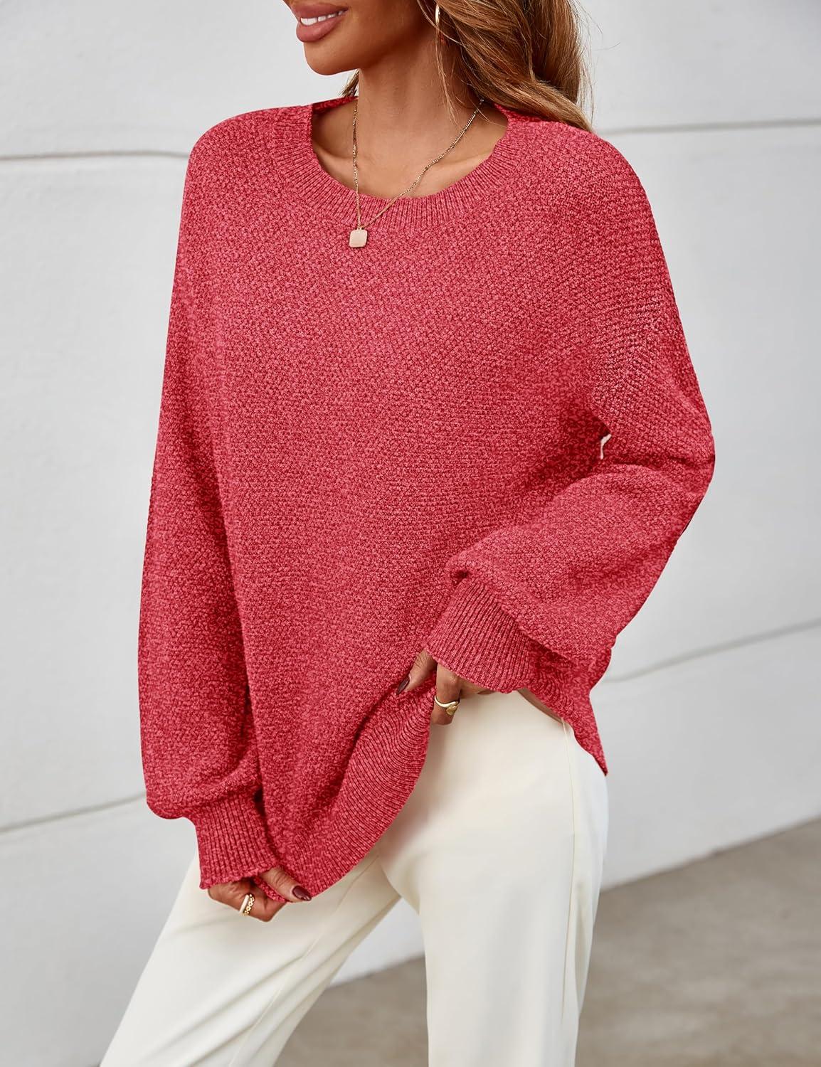 imageMEROKEETY Sweaters for Women Fall Winter 2026 Oversized Pullover Spring Crew Neck Long Sleeve Heathered Knit TopsRed