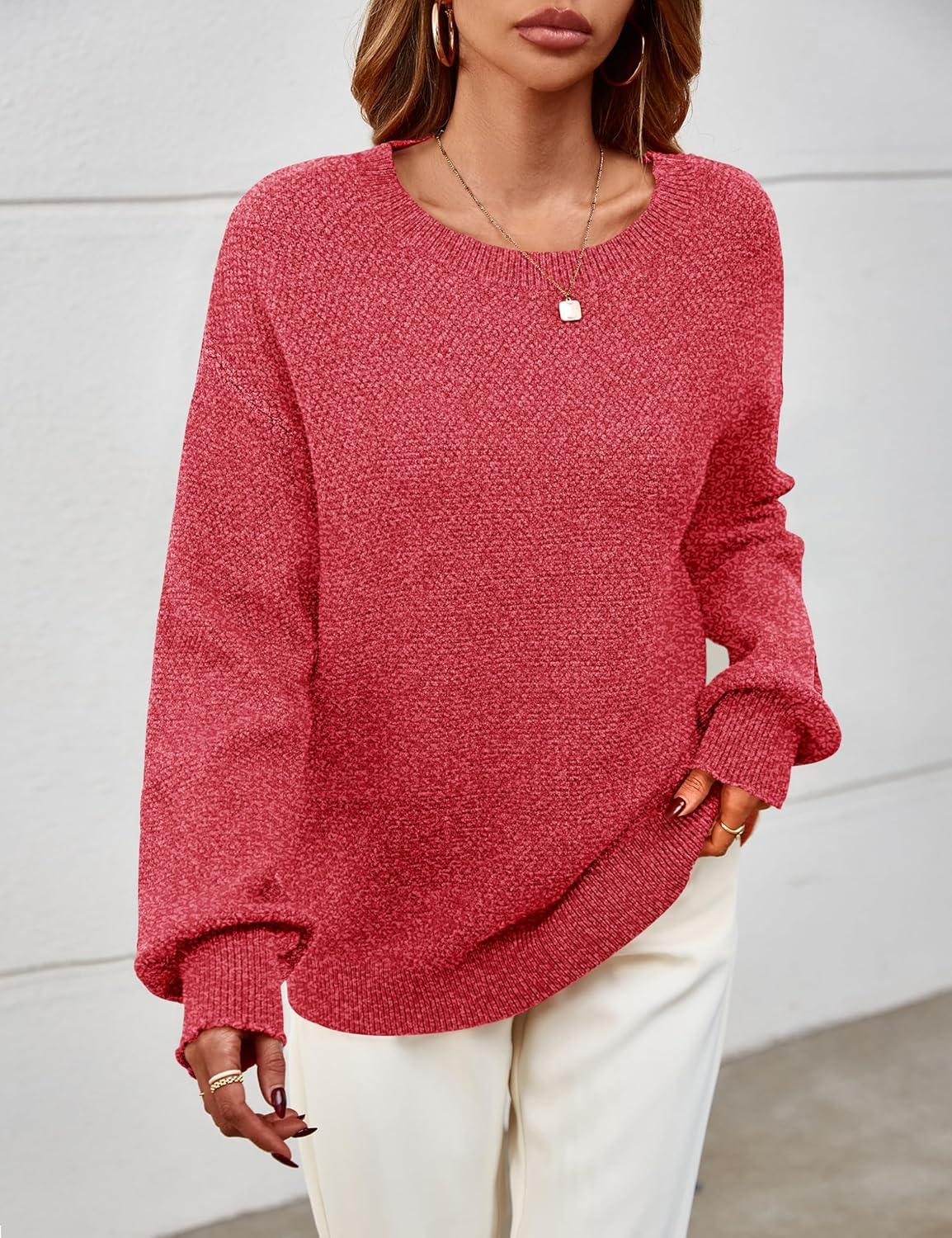 imageMEROKEETY Sweaters for Women Fall Winter 2026 Oversized Pullover Spring Crew Neck Long Sleeve Heathered Knit TopsRed
