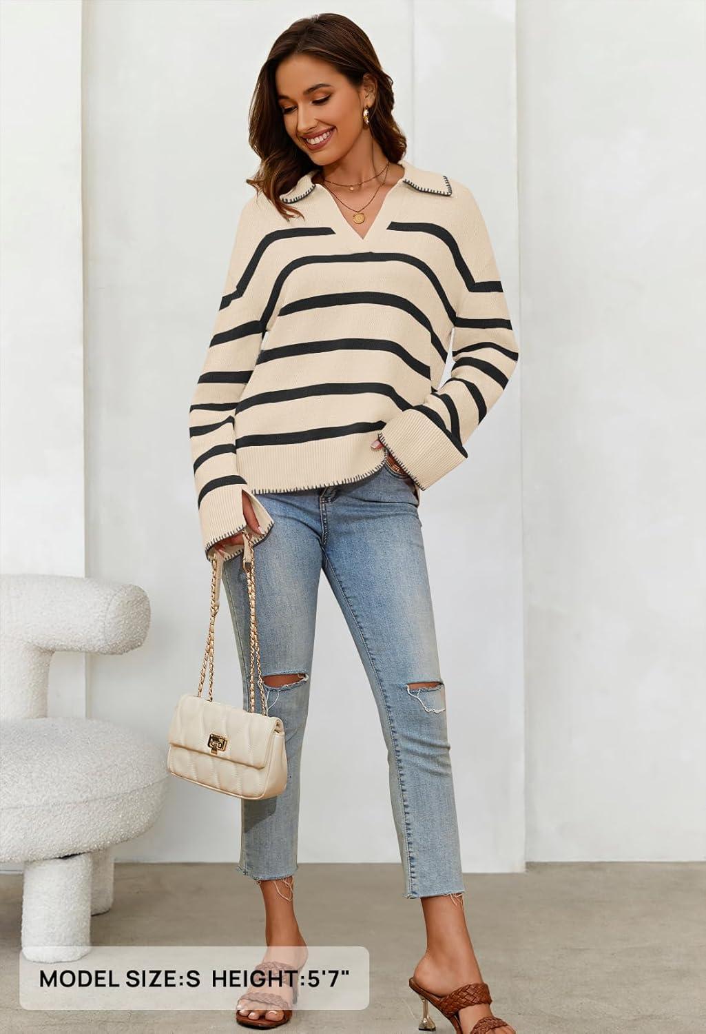 imageMEROKEETY Womens 2024 Fall Oversized Striped Sweater Collared V Neck Long Sleeve Trendy Knit Pullover TopsApricot