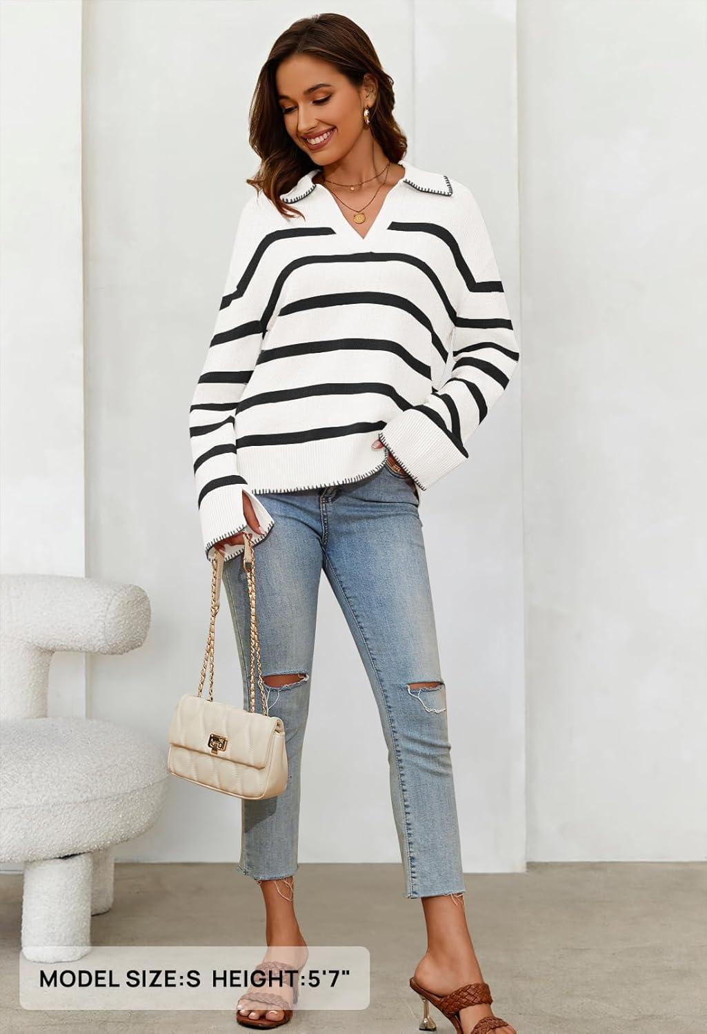 imageMEROKEETY Womens 2024 Fall Oversized Striped Sweater Collared V Neck Long Sleeve Trendy Knit Pullover TopsWhite