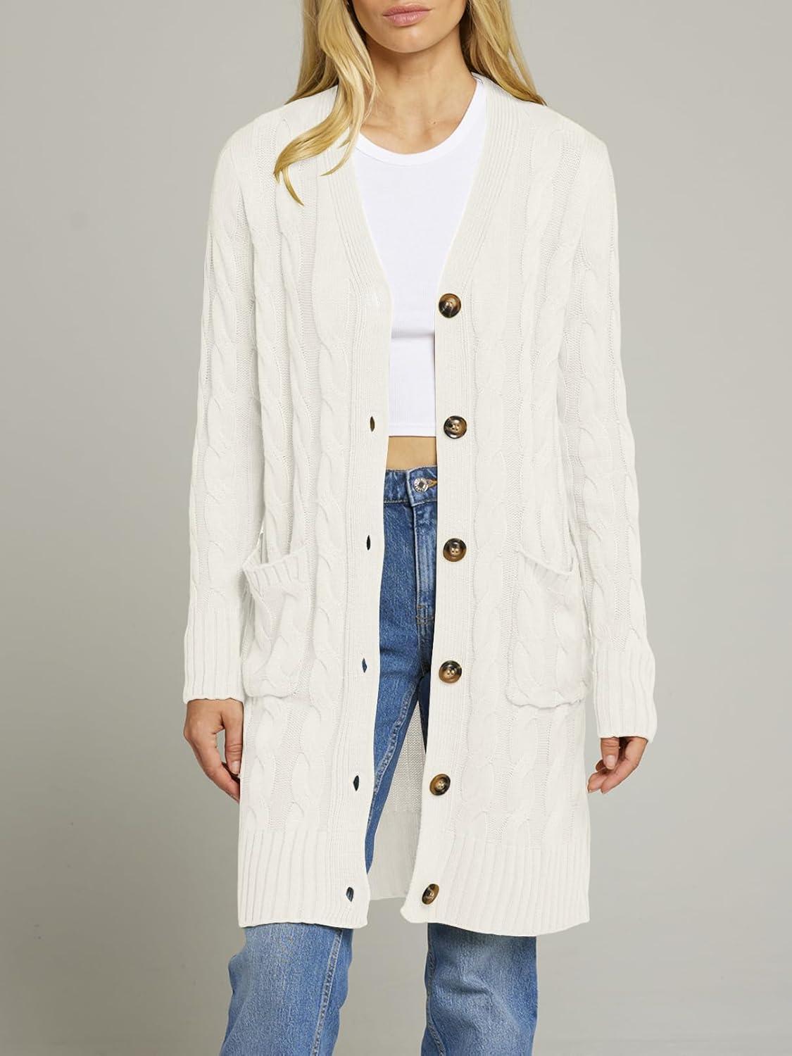imageMEROKEETY Womens 2025 Long Sleeve Cardigan Sweater Fall Winter Cable Knit Open Front Button Long OuterwearBeige