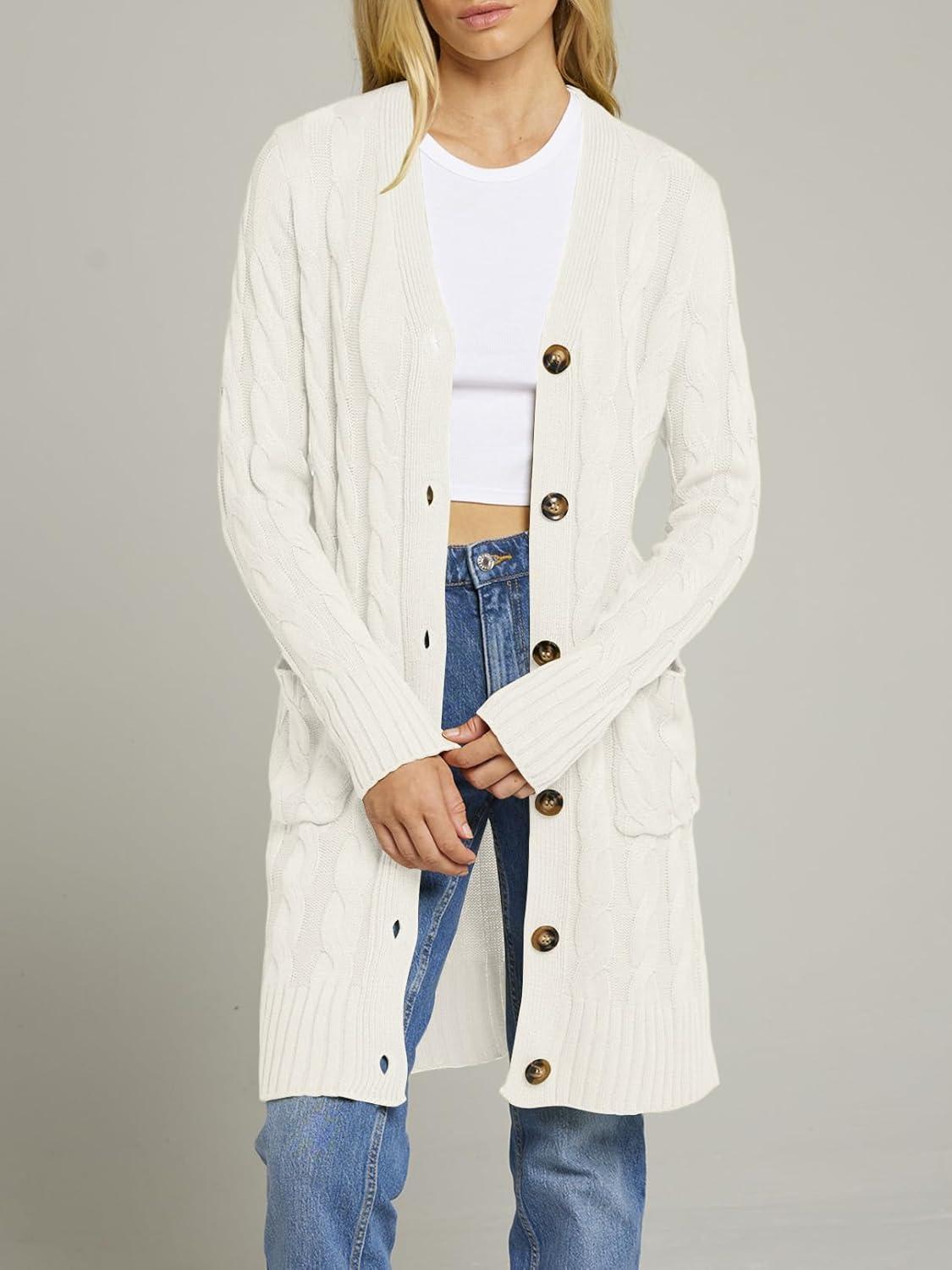 imageMEROKEETY Womens 2025 Long Sleeve Cardigan Sweater Fall Winter Cable Knit Open Front Button Long OuterwearBeige