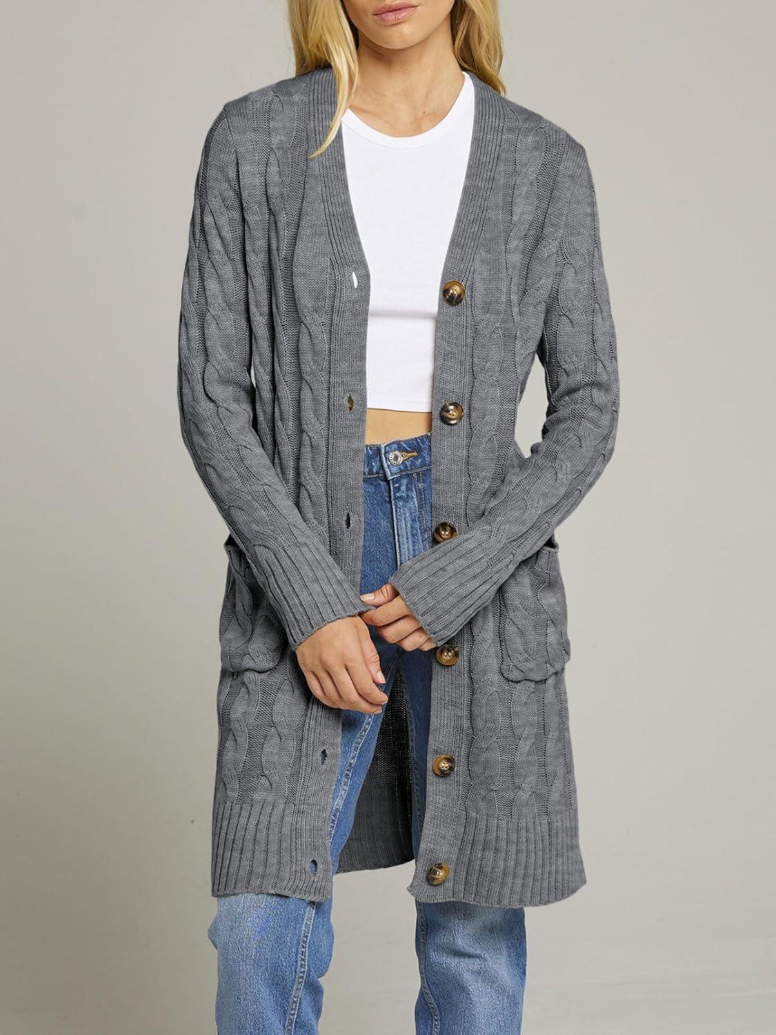 imageMEROKEETY Womens 2025 Long Sleeve Cardigan Sweater Fall Winter Cable Knit Open Front Button Long OuterwearCharcoal