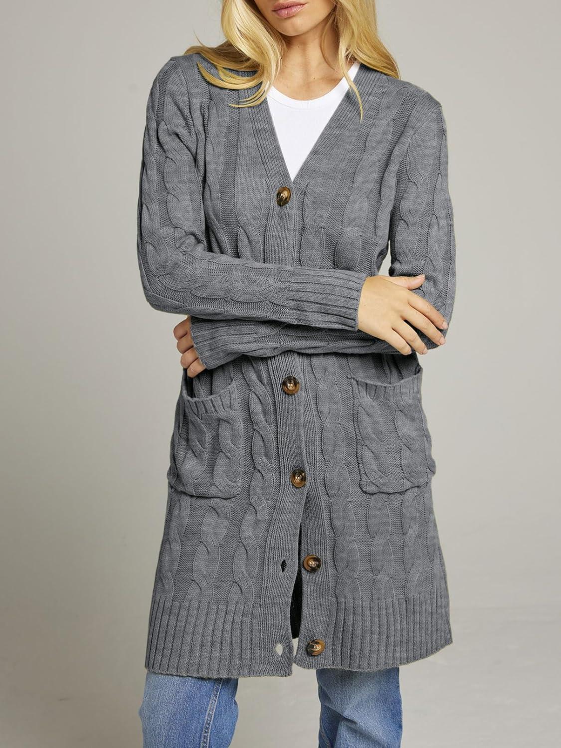 imageMEROKEETY Womens 2025 Long Sleeve Cardigan Sweater Fall Winter Cable Knit Open Front Button Long OuterwearCharcoal
