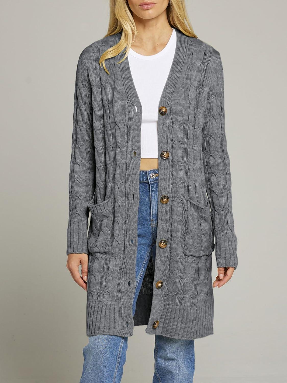 imageMEROKEETY Womens 2025 Long Sleeve Cardigan Sweater Fall Winter Cable Knit Open Front Button Long OuterwearCharcoal