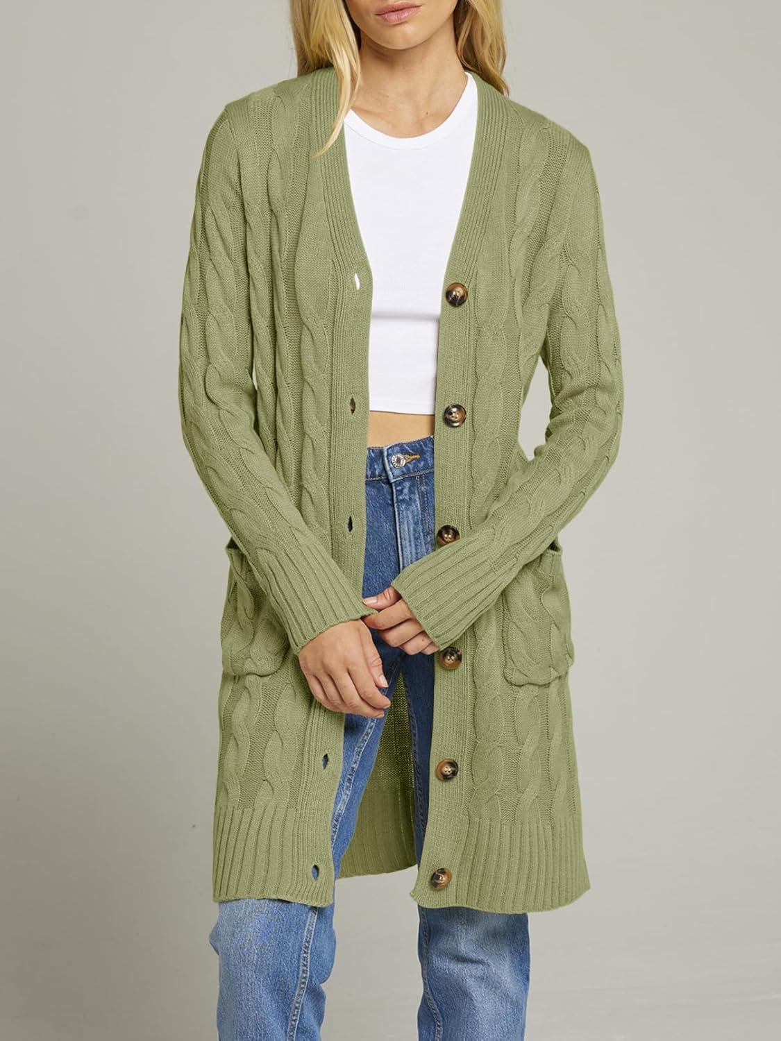 imageMEROKEETY Womens 2025 Long Sleeve Cardigan Sweater Fall Winter Cable Knit Open Front Button Long OuterwearOlive