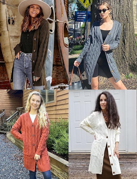 imageMEROKEETY Womens 2025 Long Sleeve Cardigan Sweater Fall Winter Cable Knit Open Front Button Long OuterwearOlive
