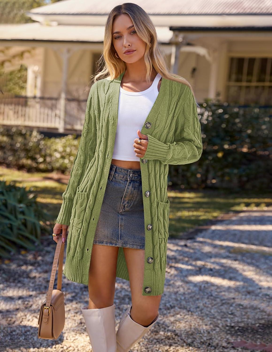 imageMEROKEETY Womens 2025 Long Sleeve Cardigan Sweater Fall Winter Cable Knit Open Front Button Long OuterwearOlive