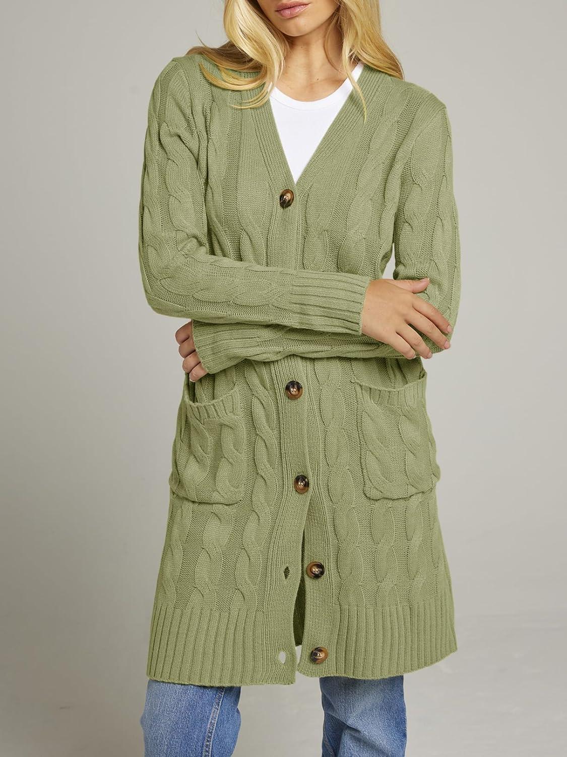 imageMEROKEETY Womens 2025 Long Sleeve Cardigan Sweater Fall Winter Cable Knit Open Front Button Long OuterwearOlive