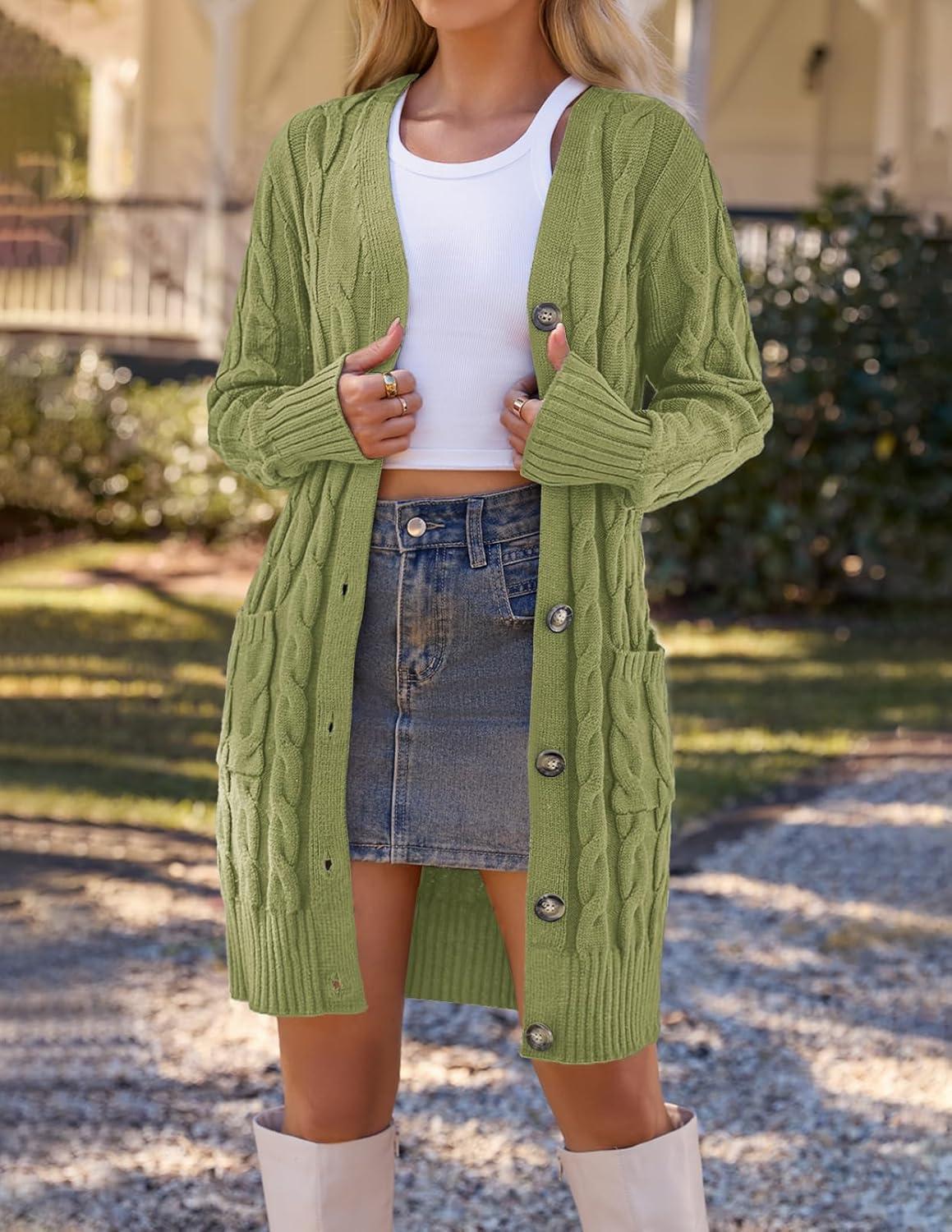 imageMEROKEETY Womens 2025 Long Sleeve Cardigan Sweater Fall Winter Cable Knit Open Front Button Long OuterwearOlive