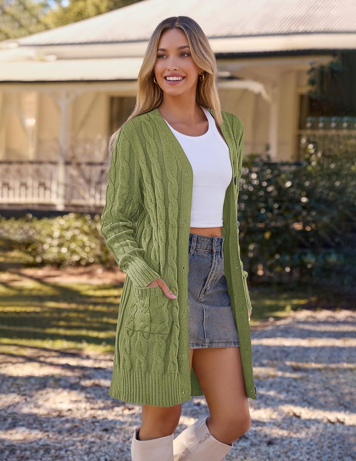 imageMEROKEETY Womens 2025 Long Sleeve Cardigan Sweater Fall Winter Cable Knit Open Front Button Long OuterwearOlive