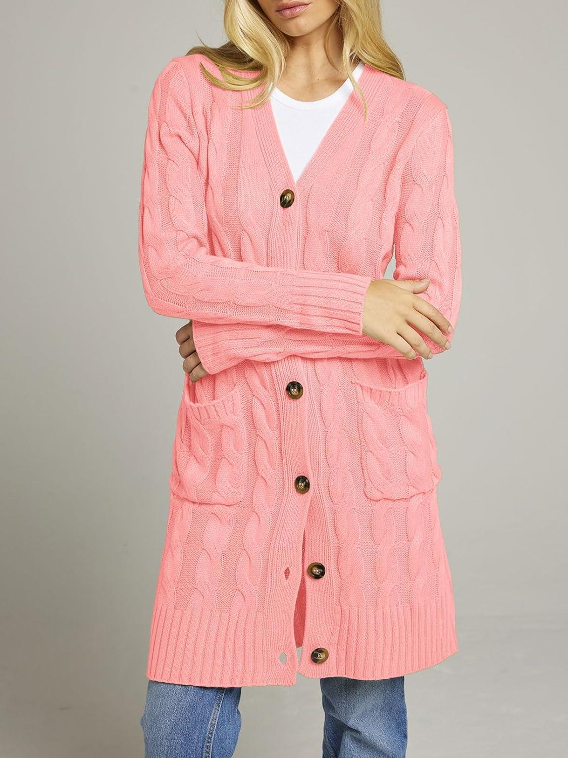imageMEROKEETY Womens 2025 Long Sleeve Cardigan Sweater Fall Winter Cable Knit Open Front Button Long OuterwearPink