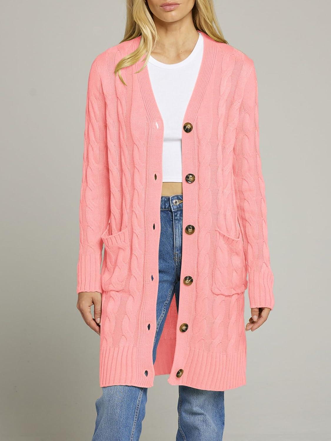 imageMEROKEETY Womens 2025 Long Sleeve Cardigan Sweater Fall Winter Cable Knit Open Front Button Long OuterwearPink
