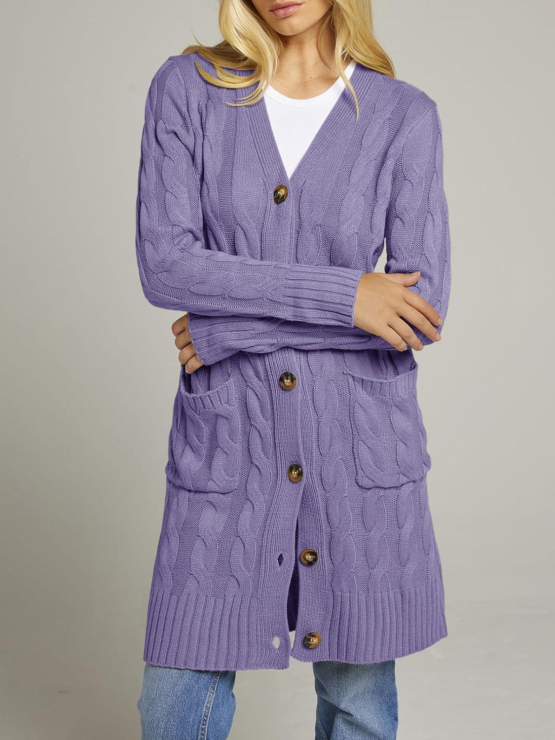 imageMEROKEETY Womens 2025 Long Sleeve Cardigan Sweater Fall Winter Cable Knit Open Front Button Long OuterwearPurple