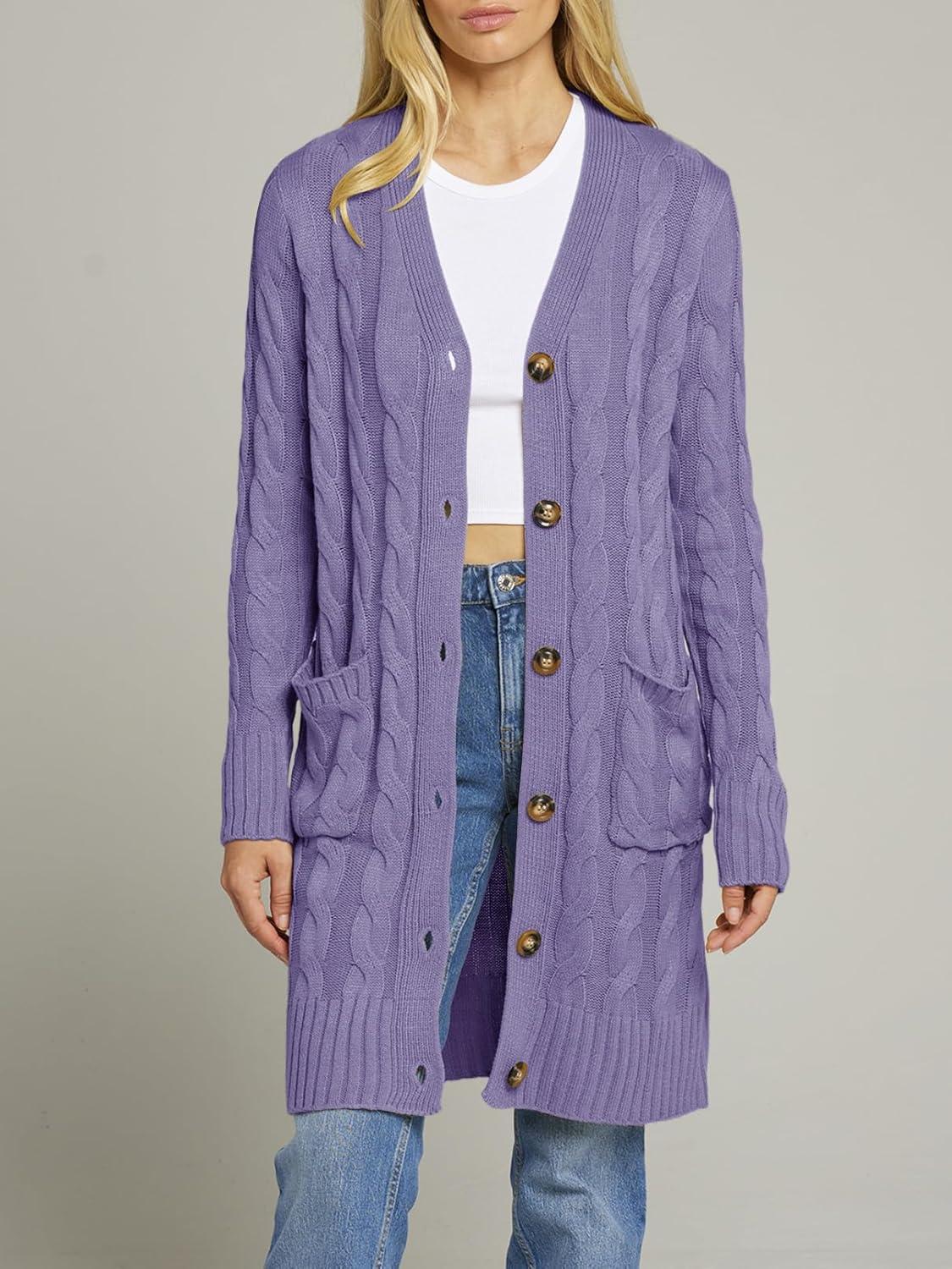 imageMEROKEETY Womens 2025 Long Sleeve Cardigan Sweater Fall Winter Cable Knit Open Front Button Long OuterwearPurple