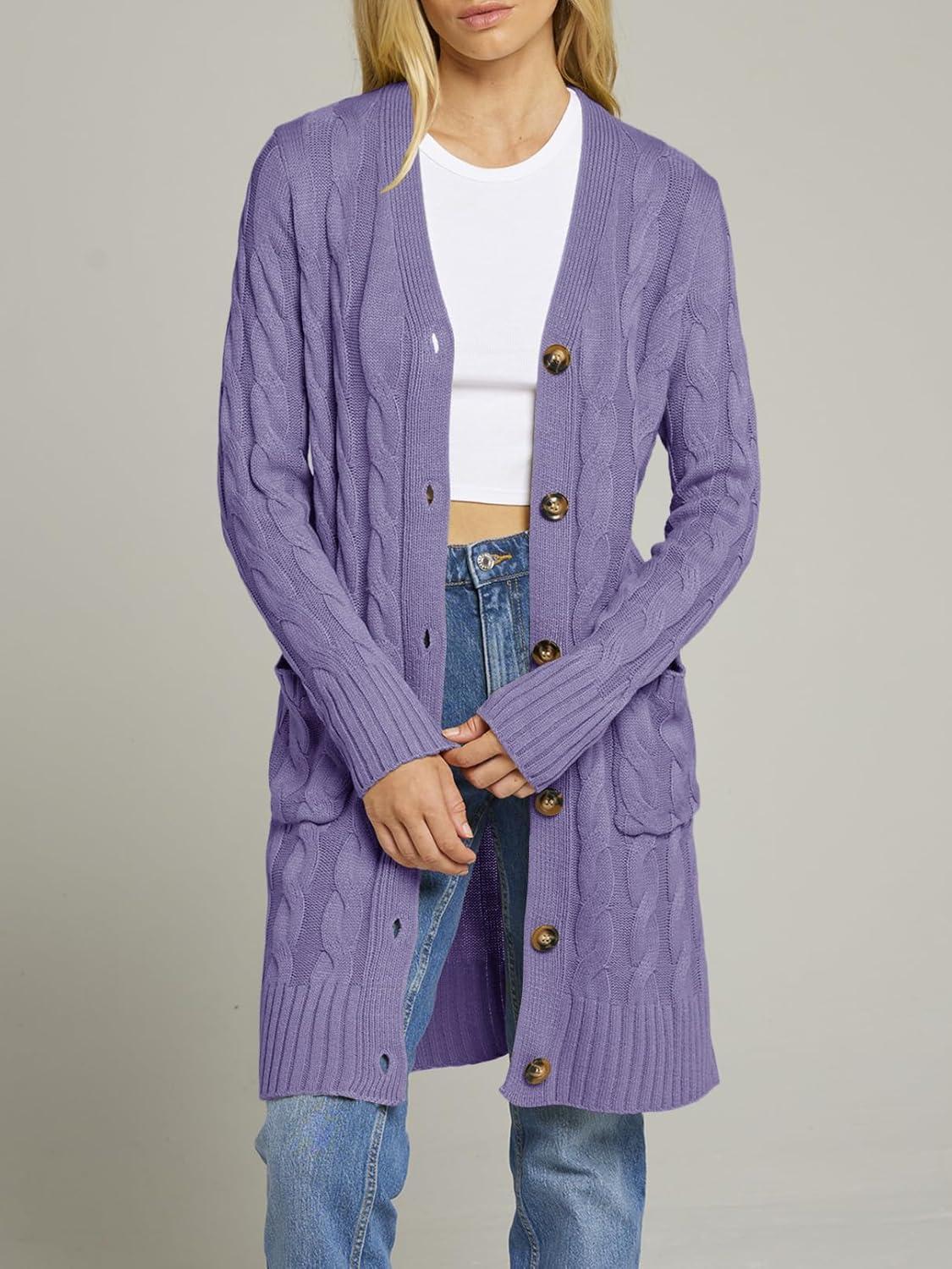 imageMEROKEETY Womens 2025 Long Sleeve Cardigan Sweater Fall Winter Cable Knit Open Front Button Long OuterwearPurple