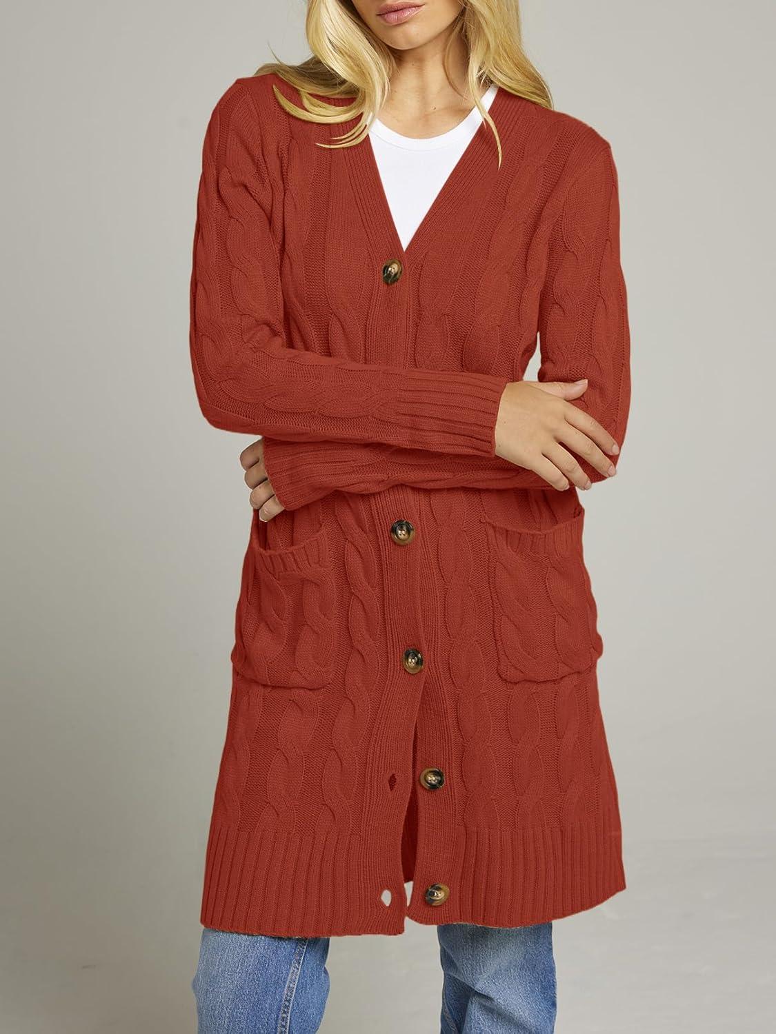 imageMEROKEETY Womens 2025 Long Sleeve Cardigan Sweater Fall Winter Cable Knit Open Front Button Long OuterwearRust